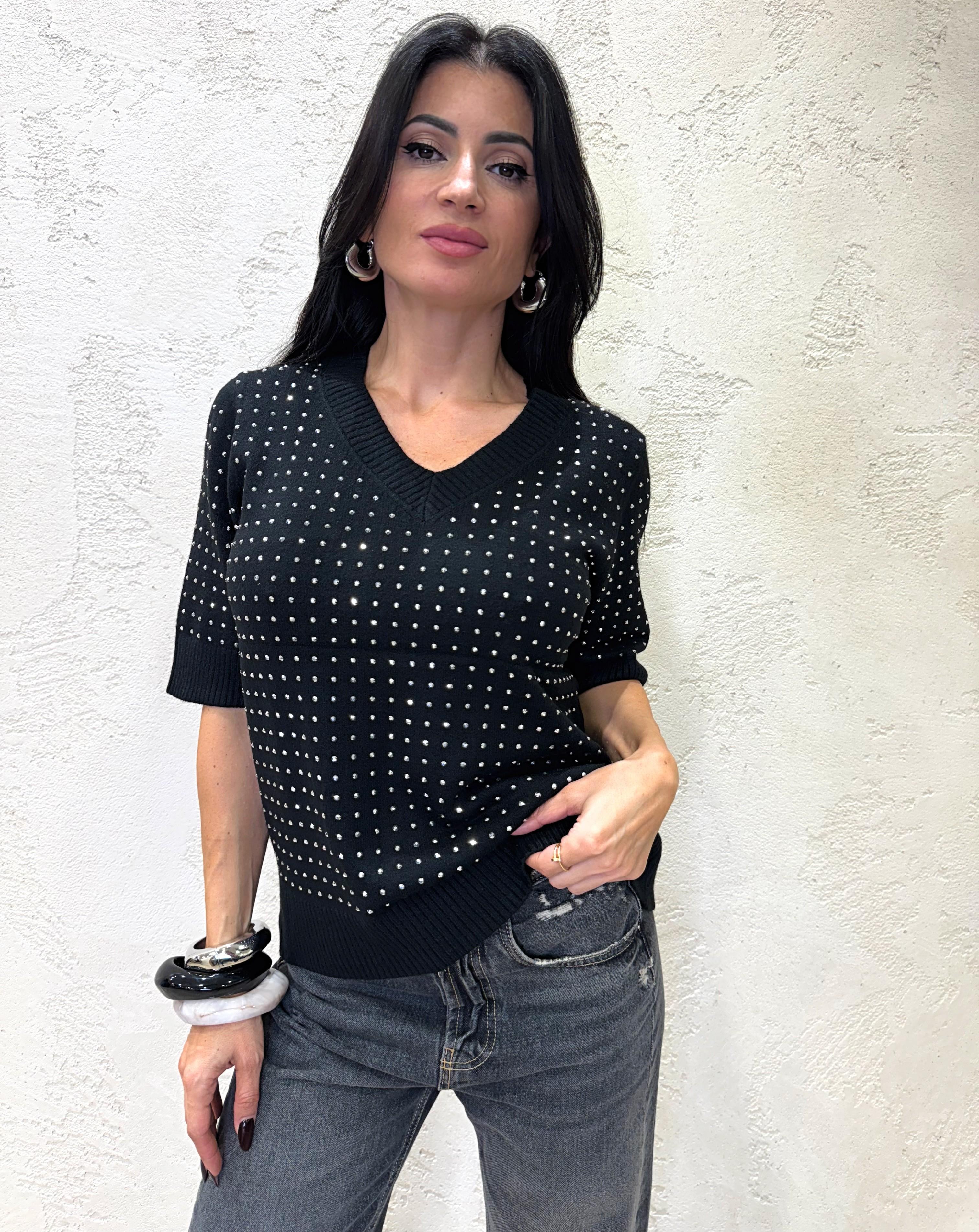 maglia maniche corte scollo a v con strass MMVSTRASS NERO ELEVI 