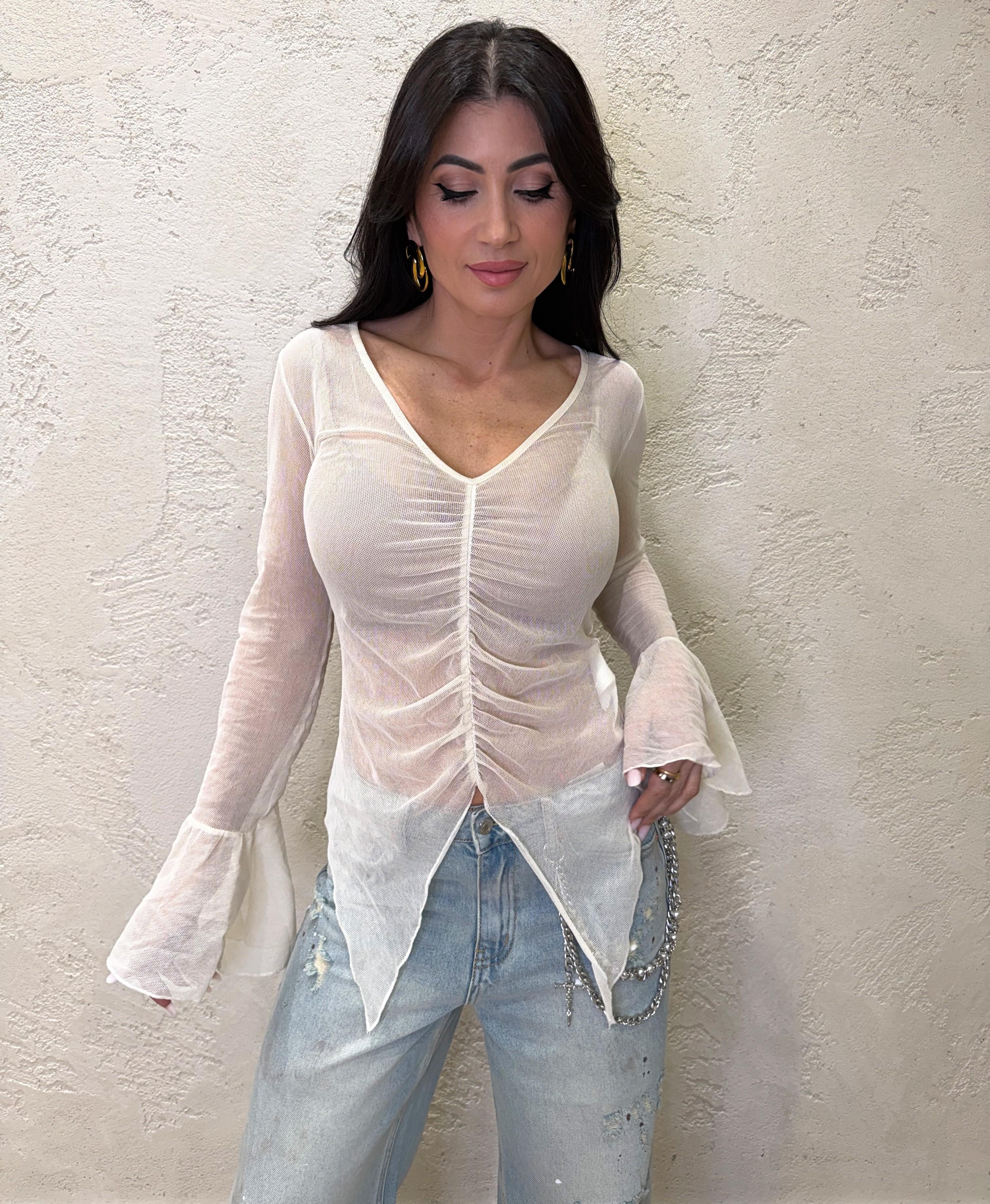 blusa effetto "vedo non vedo" con arricciatura frontale MMA-Q139 BURRO HAVEONE 