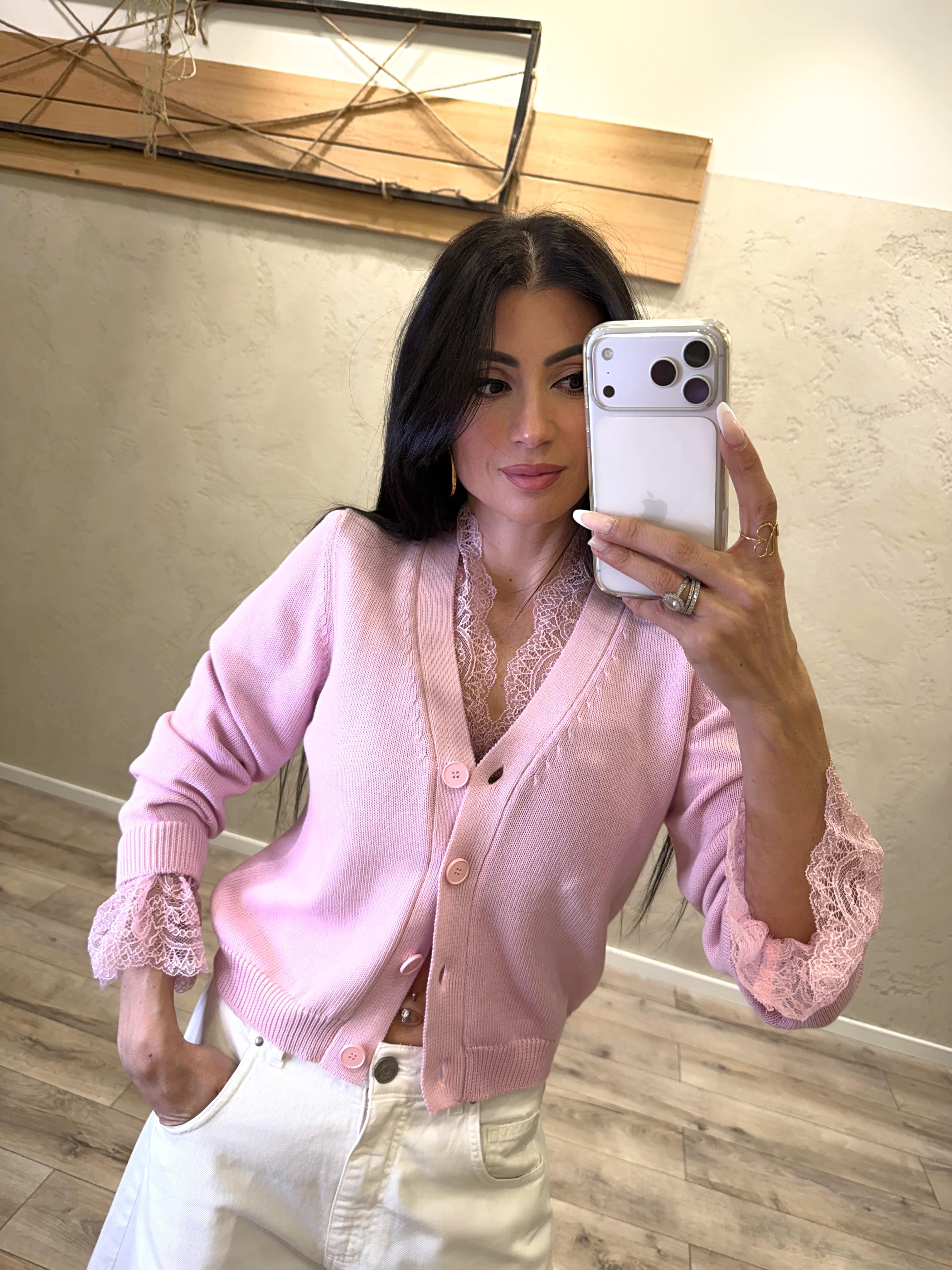 cardigan in maglia con inserti in pizzo 100% cotone 7AB7020 ROSA VICOLO 