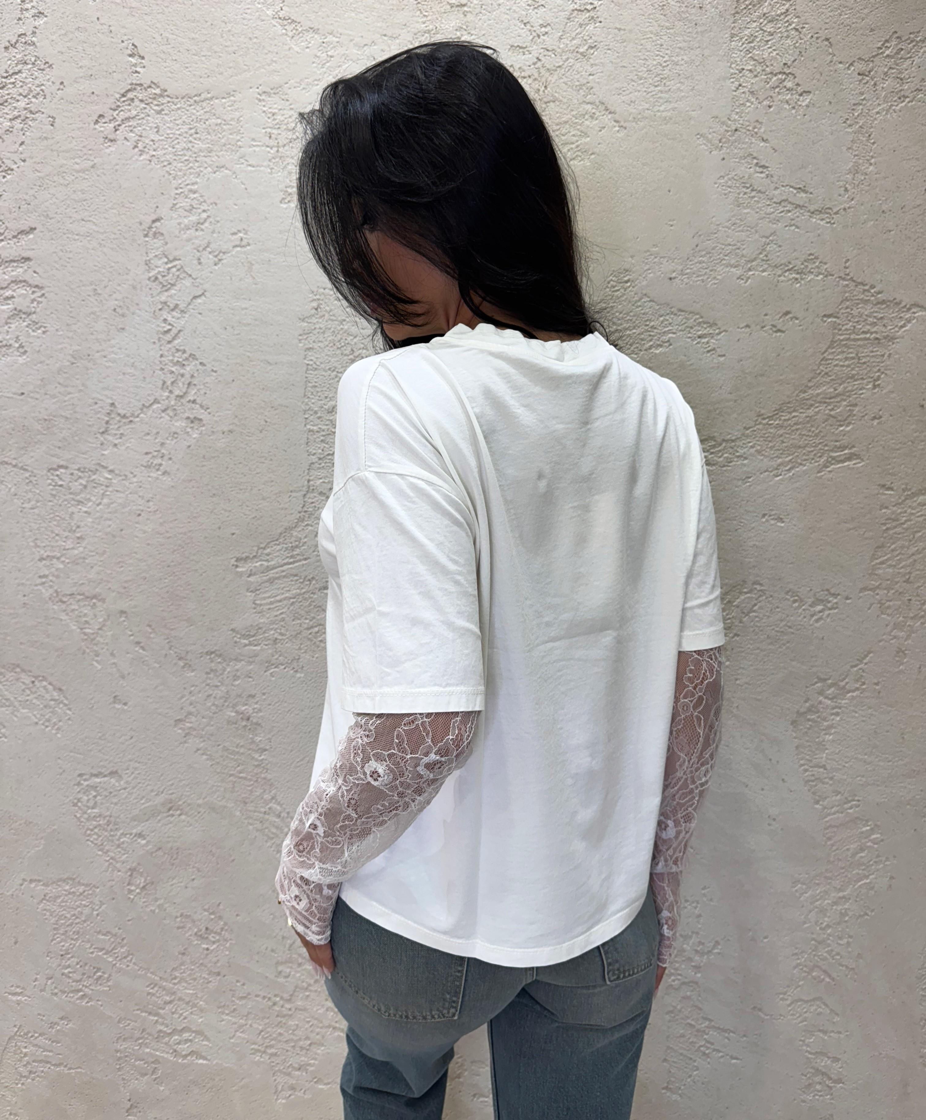 t-shirt con maniche in pizzo 11073 LATTE SUSY MIX 