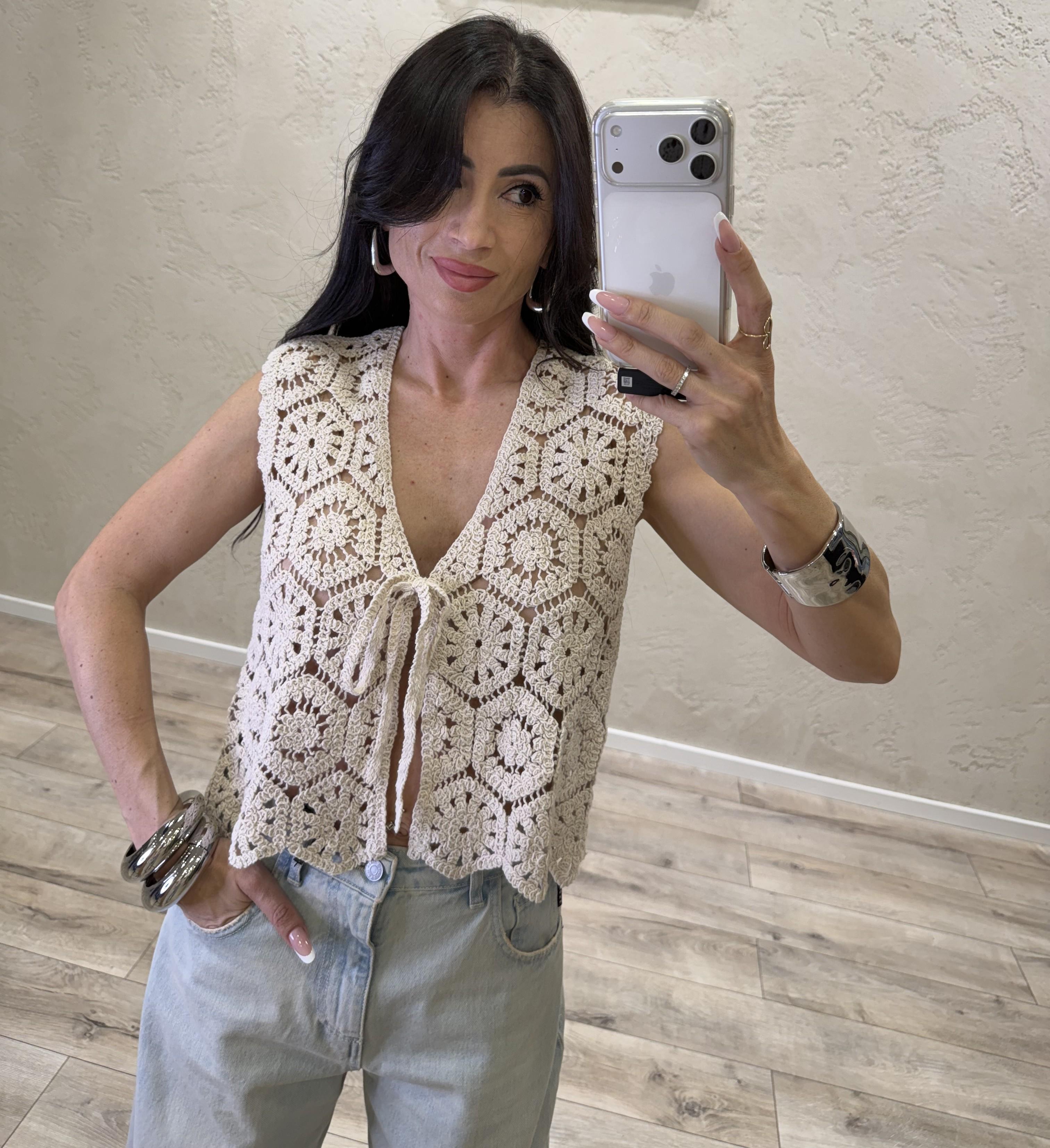 gilet crochet con laccetti frontali 2638017 LATTE SUSY MIX 