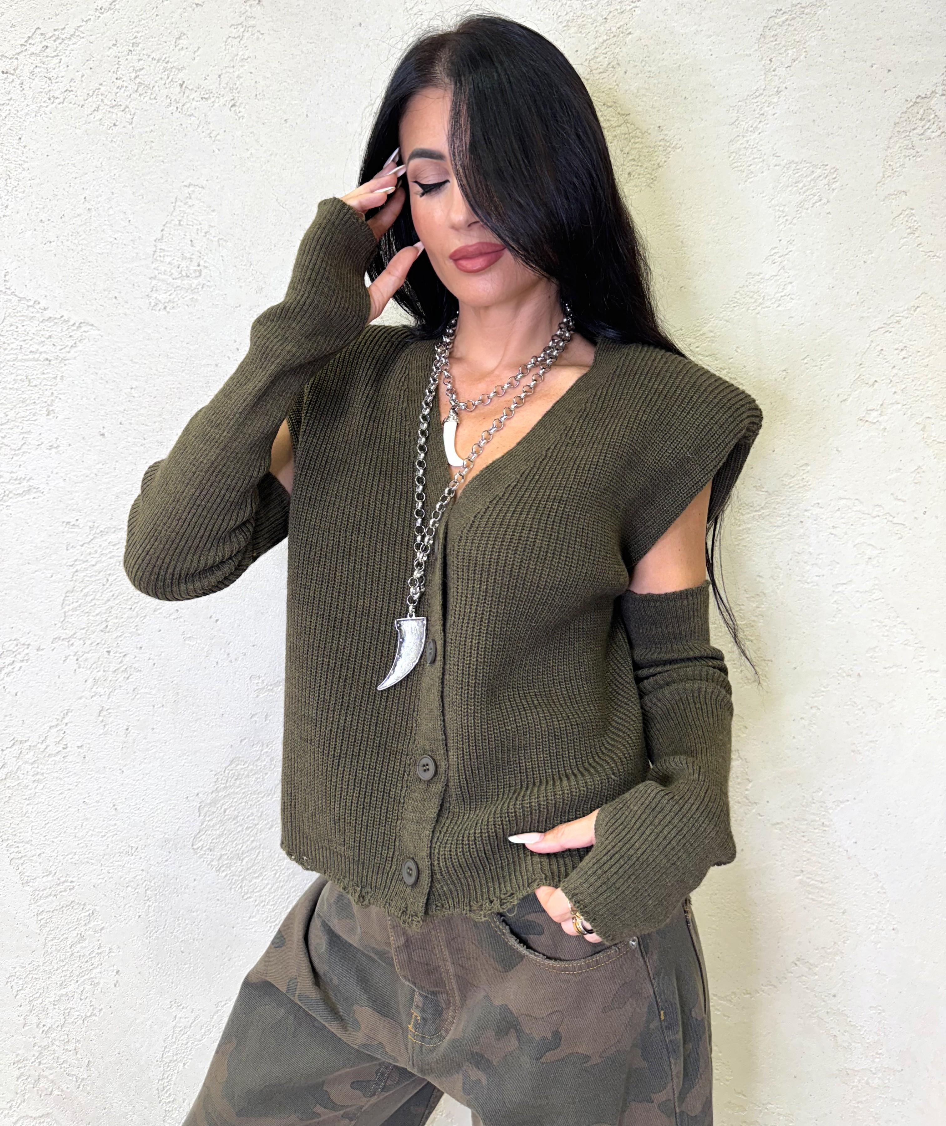 gilet misto lana con spalline e manicotti LFP-P015 MILITARE HAVEONE 
