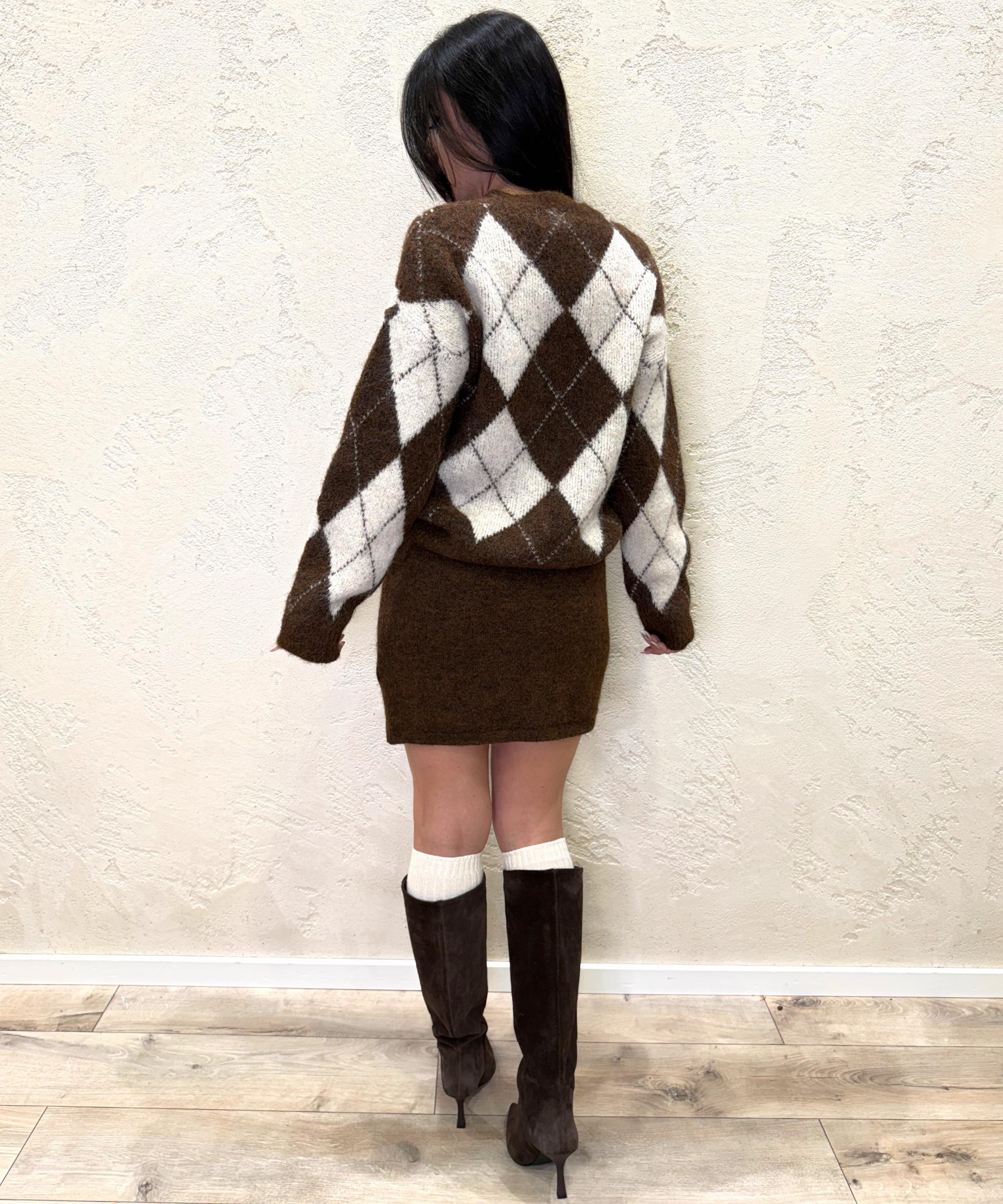 completo in maglia cardigan a rombi e gonna mini 55260 BURRO/MORO VICOLO 