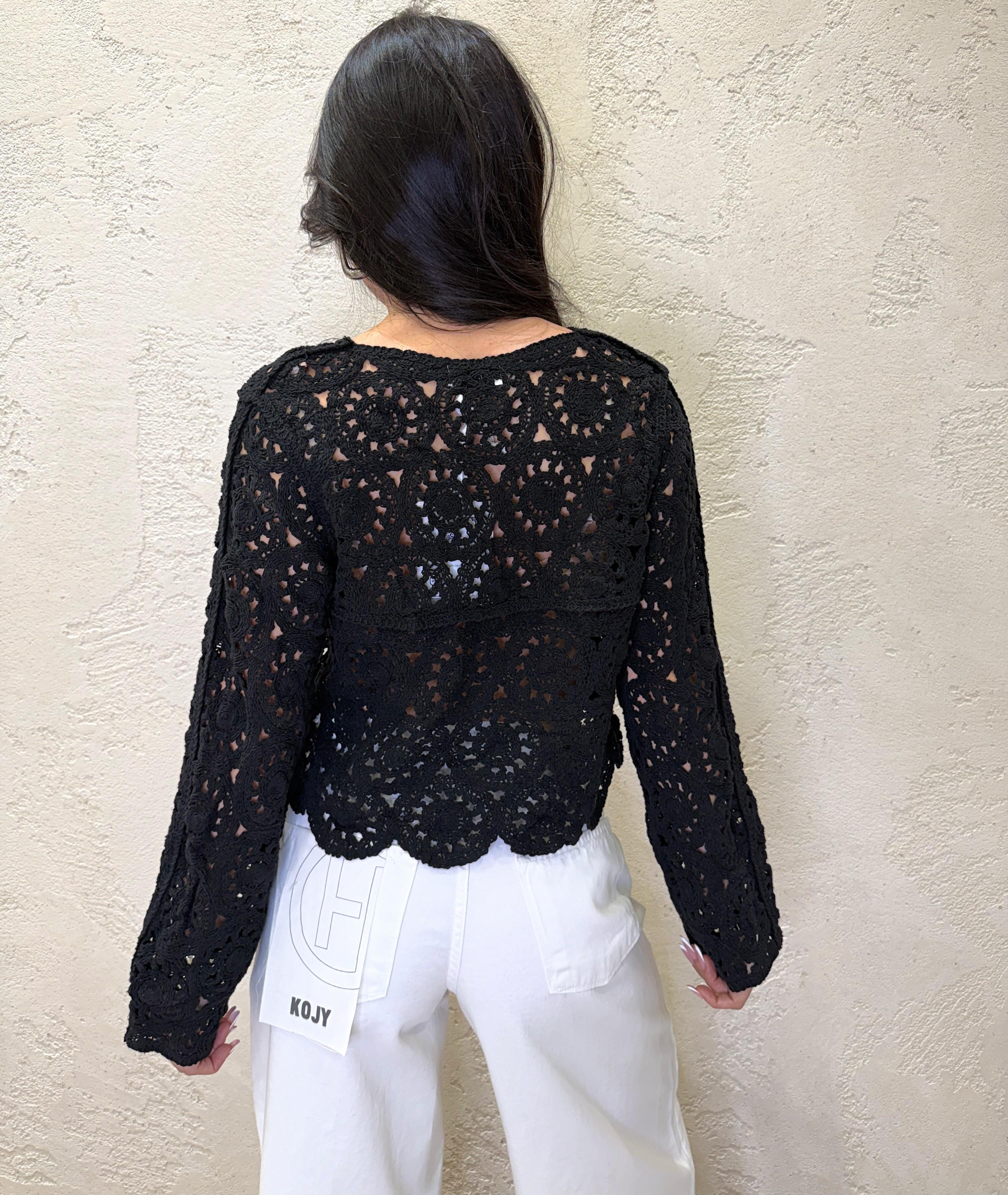 cardigan in crochet con bottoni in legno 2628005 NERO SUSY MIX 