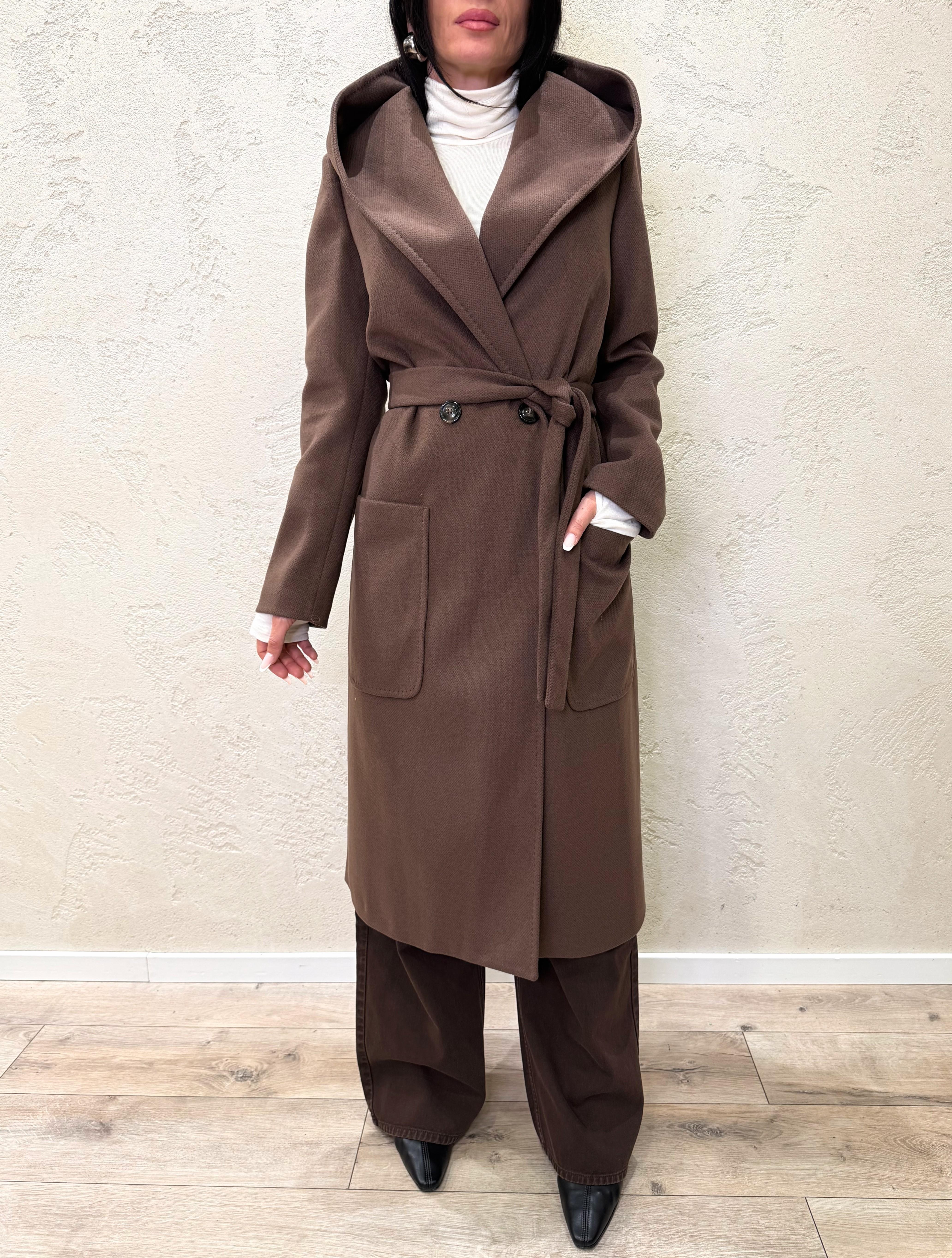 cappotto lungo doppio petto con cappuccio e cintura 9999MRKAI25 CIOCCOLATO TENSIONE IN 