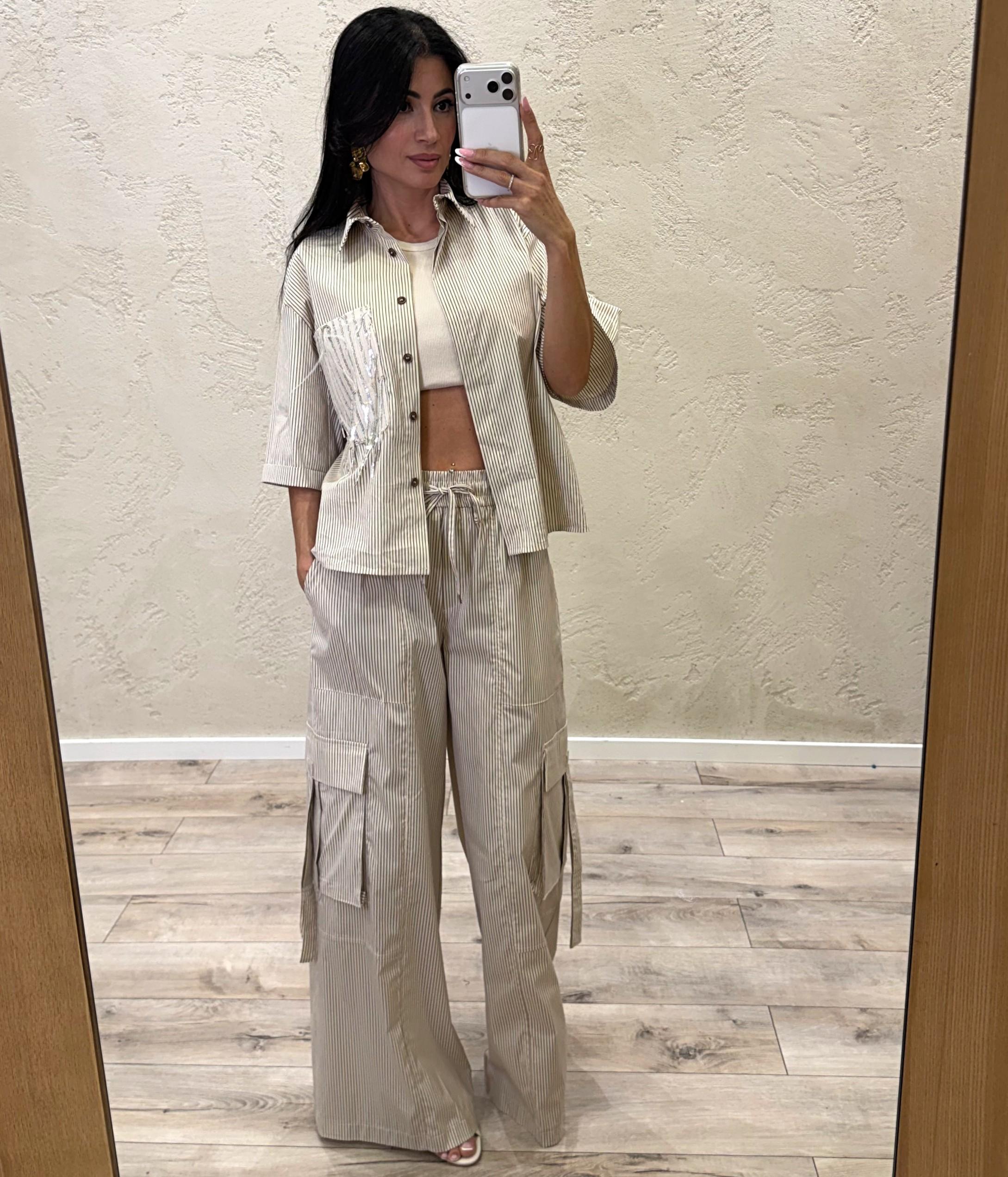 camicia a righe con tasca pailettes e piume 26C5138 BEIGE TENSIONE IN 
