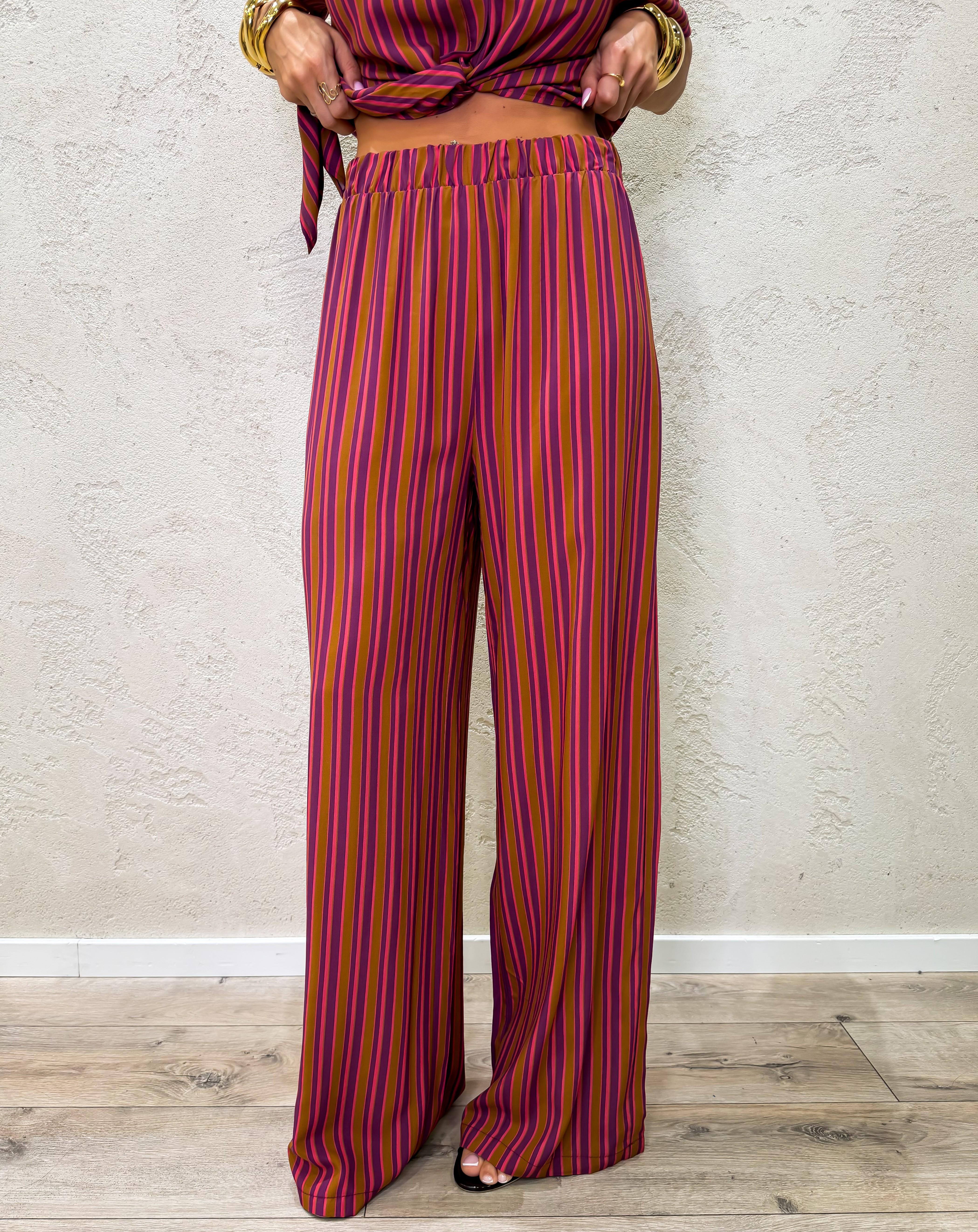 pantalone a palazzo in 100% viscosa fantasia a righe PMA-Q672 ROSA/BRUCIATO HAVEONE 