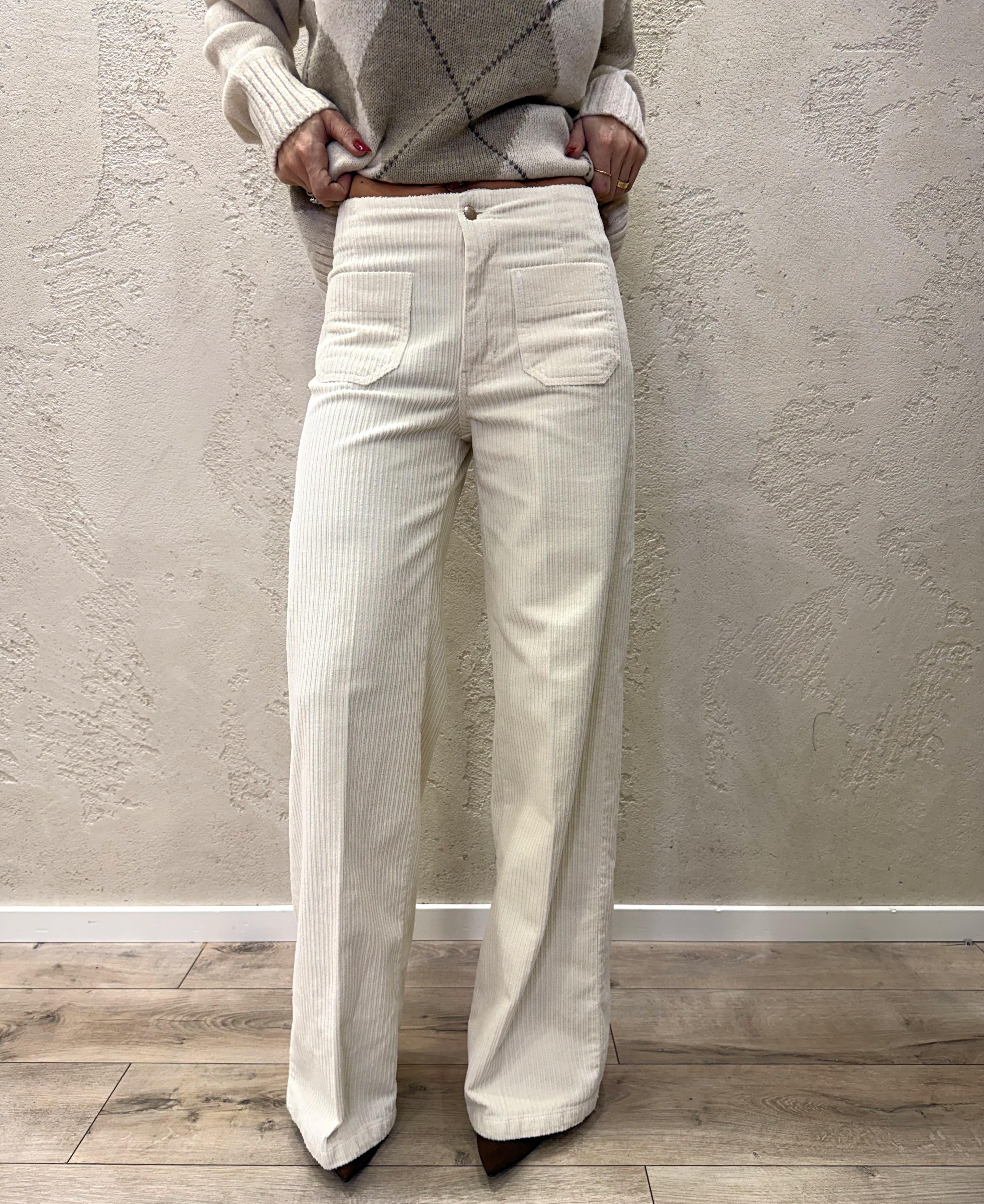 pantalone a plazzo in velluto a costine CJ12711 PANNA TENSIONE IN 