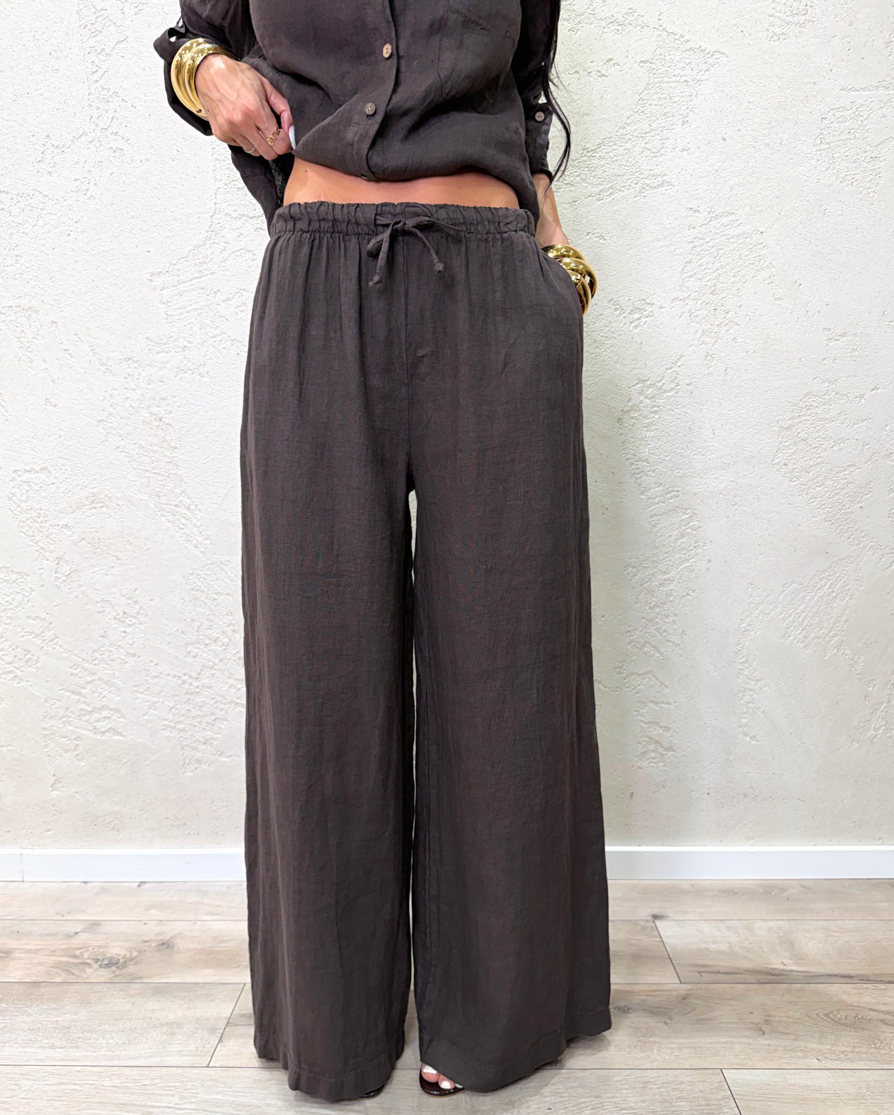 pantalone "ARIA" a palazzo in 100% lino H5944 MORO ELEVI 