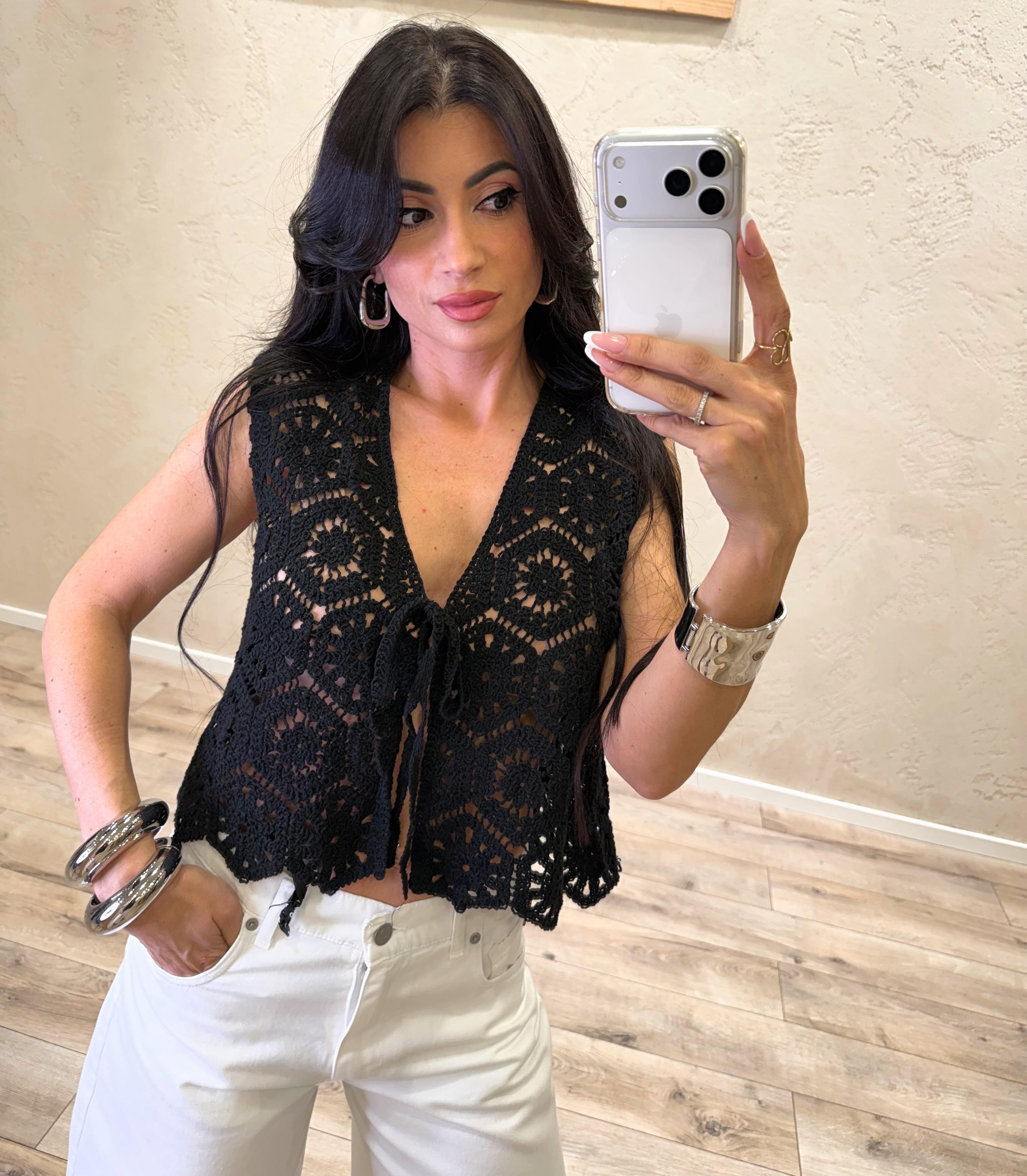 gilet crochet con laccetti frontali 2638017 NERO SUSY MIX 