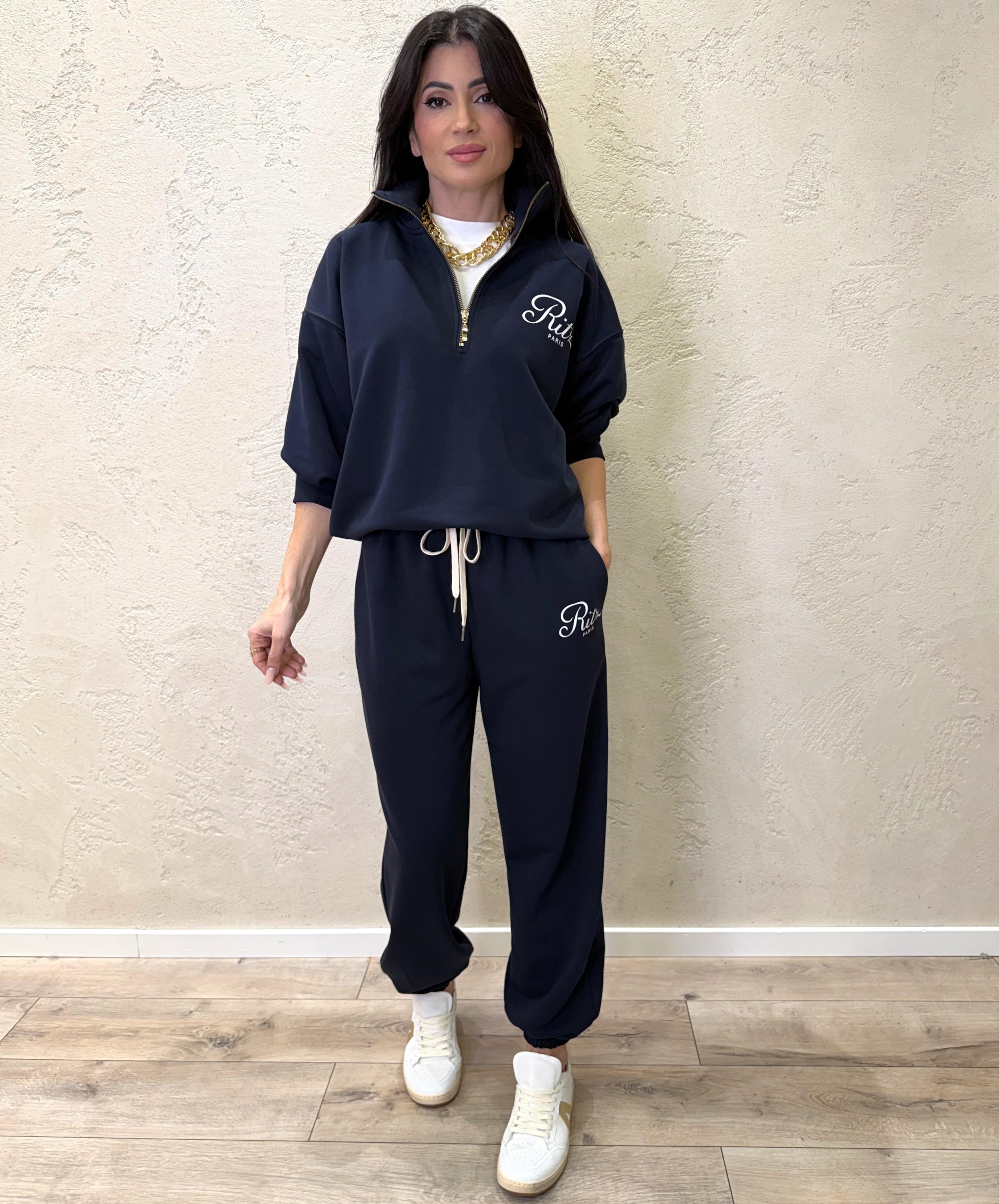 pantaloni di tuta garzata con stampa e polsini sul fondo 26P3971 BLU/PANNA TENSIONE IN 