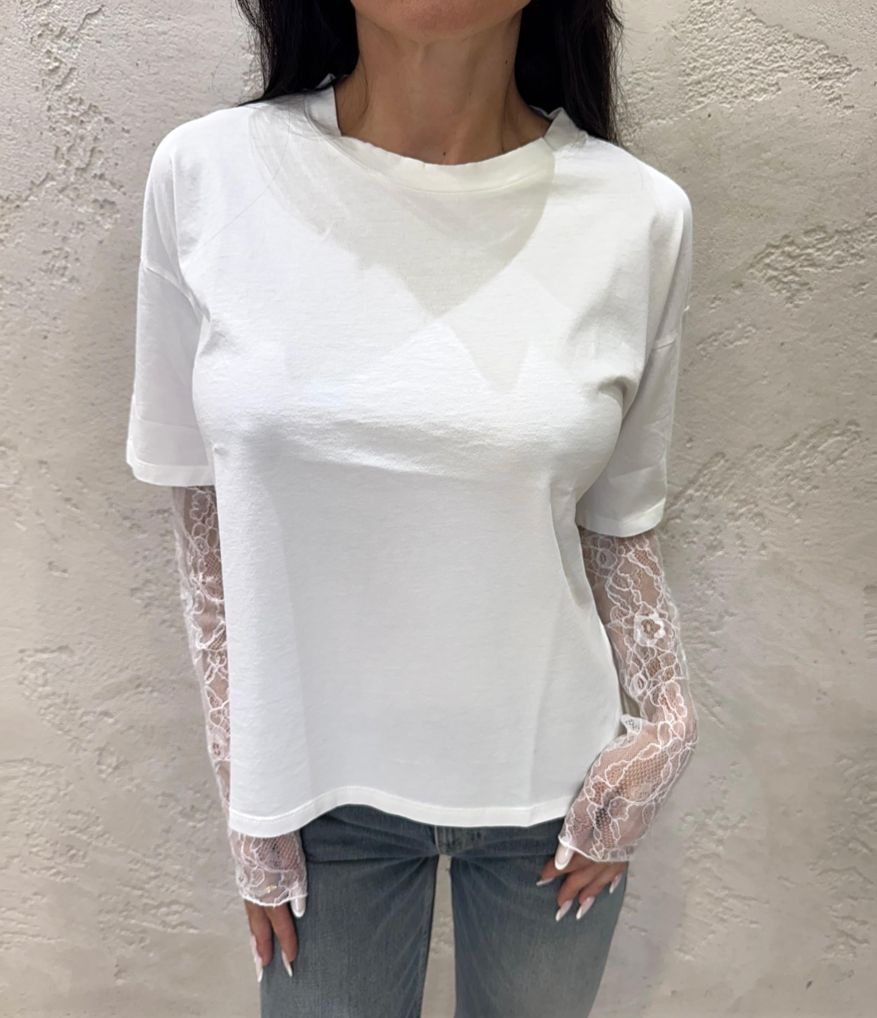t-shirt con maniche in pizzo 11073 LATTE SUSY MIX 