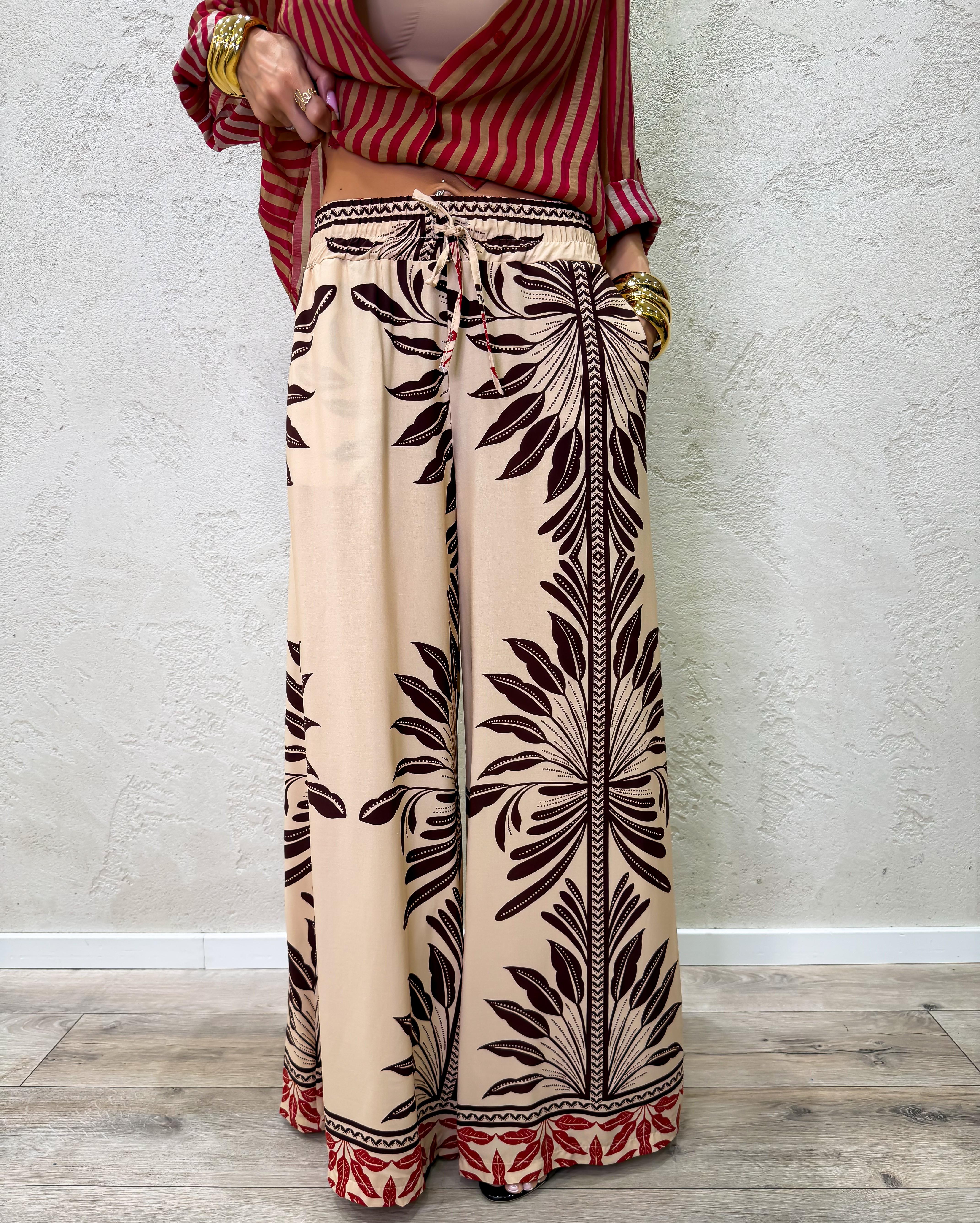 pantalone a palazzo in 100% viscosa fantasia PMA-Q676 BEIGE/MORO HAVEONE 