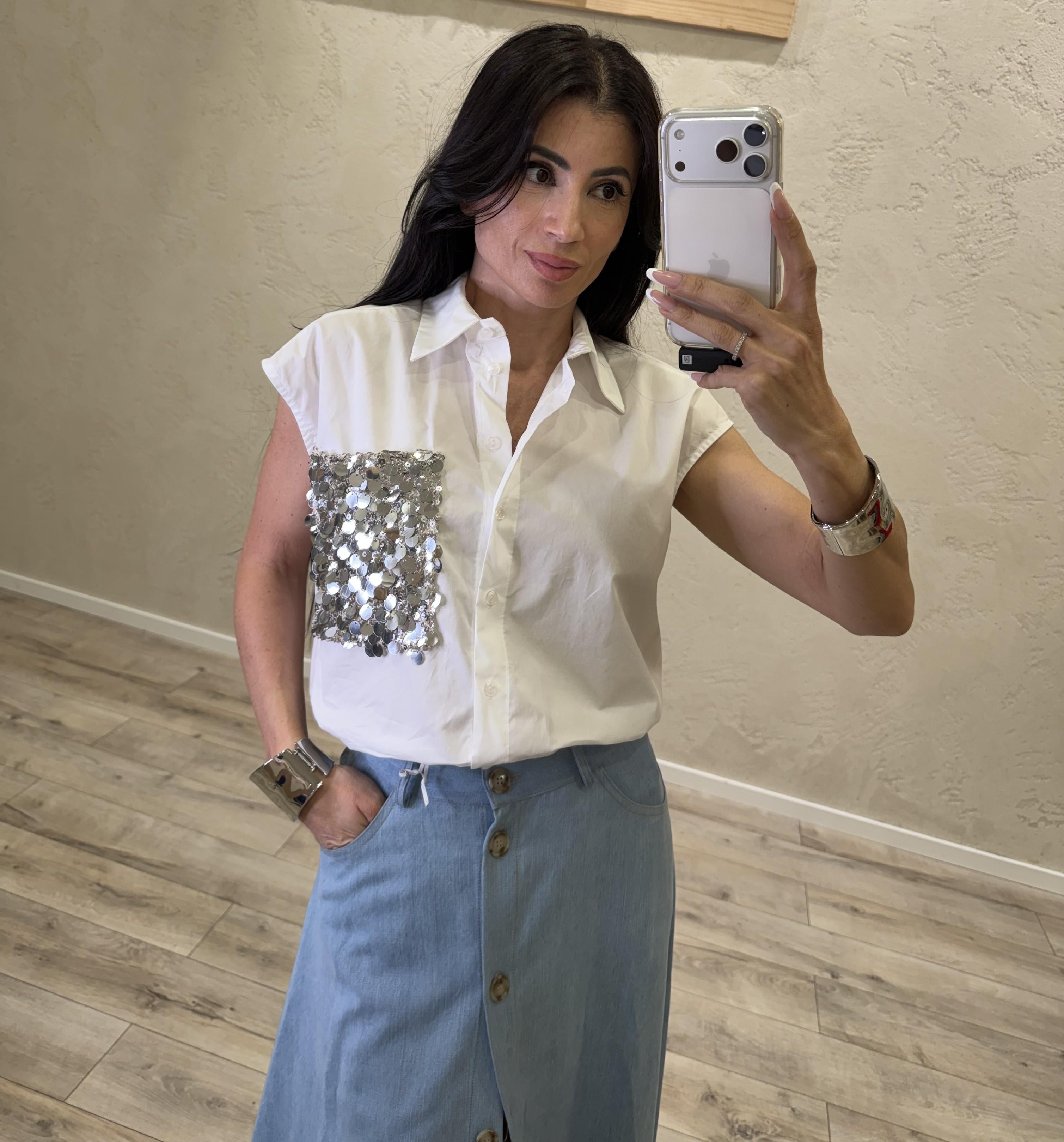 camicia smanicata con tasca pailettes S26CE22 BIANCO TENSIONE IN 