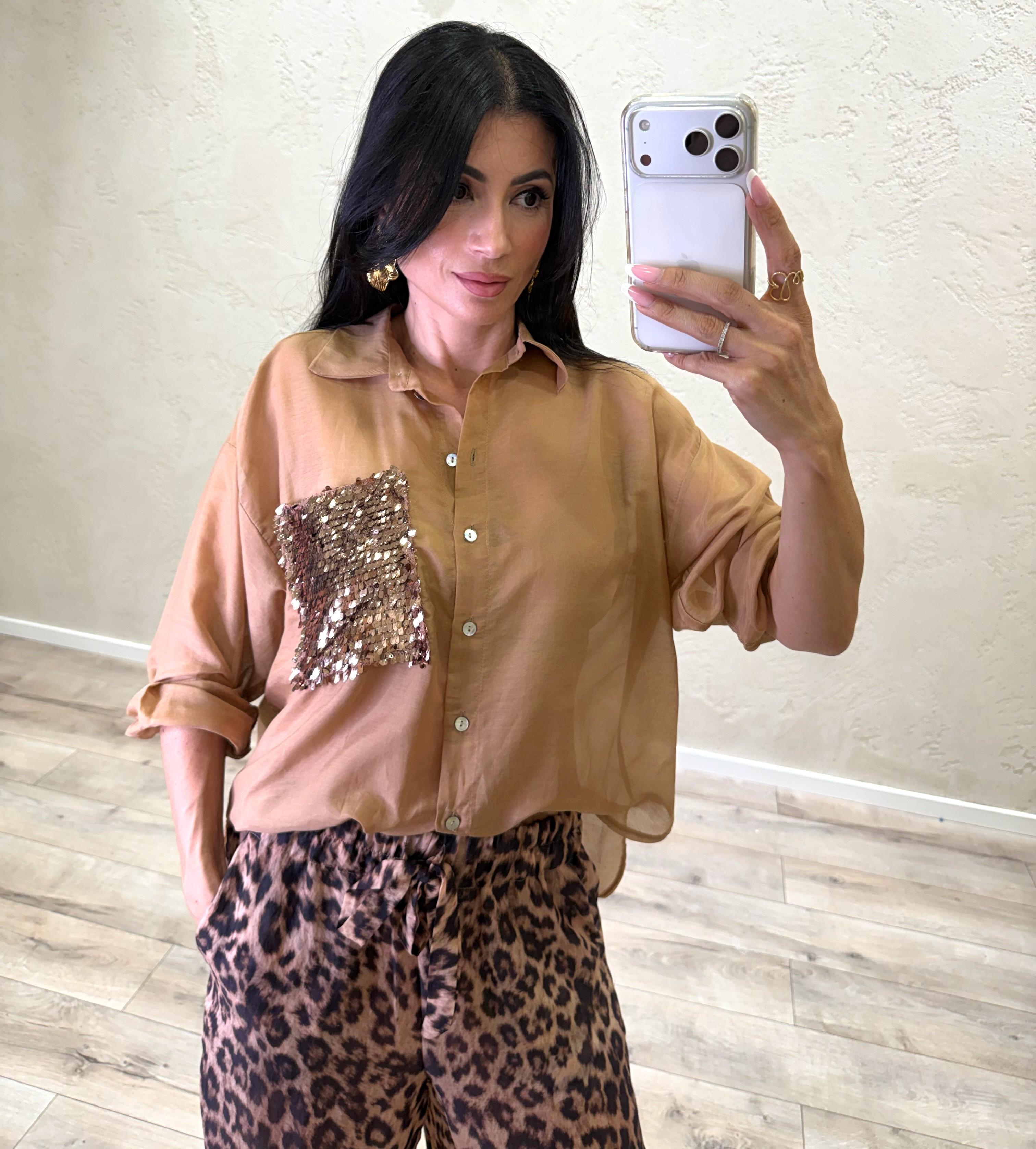 camicia in misto seta con tasca pailettes S26CG26 TABACCO TENSIONE IN 