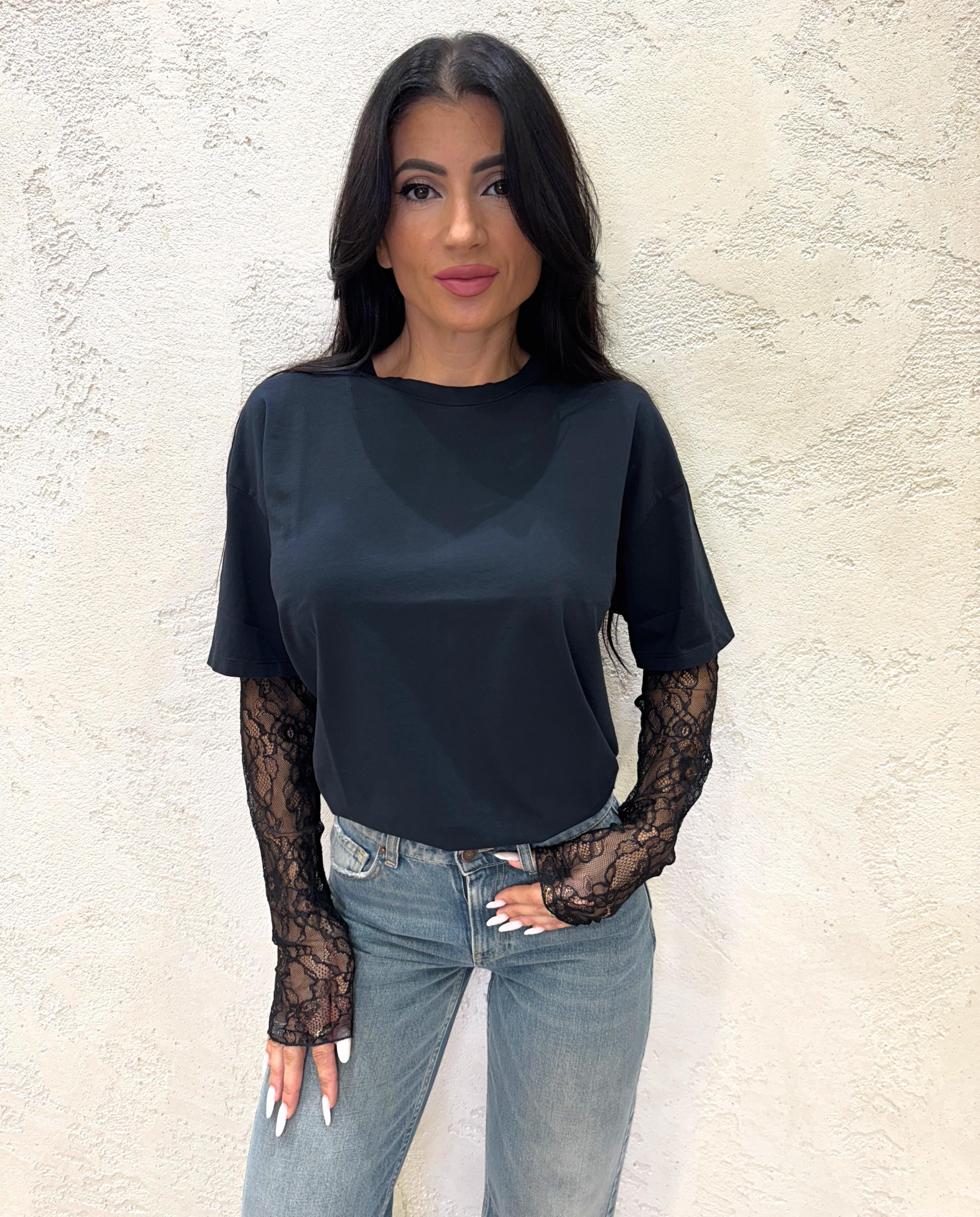 t-shirt con maniche in pizzo 11073 NERO SUSY MIX 
