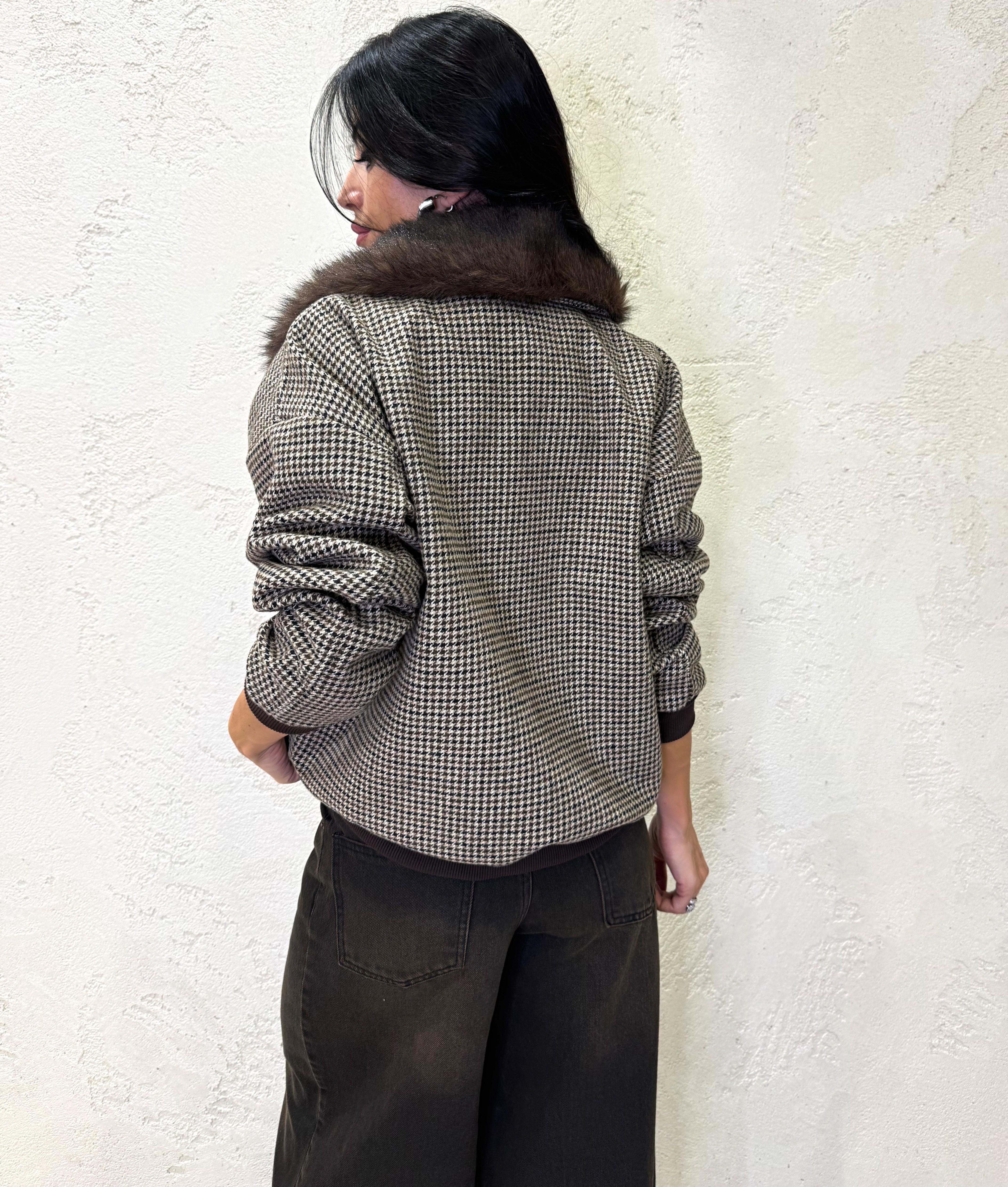 bomber pied de poule con collo in pelo removibile 51497 PIEDDEPOULE SUSY MIX 