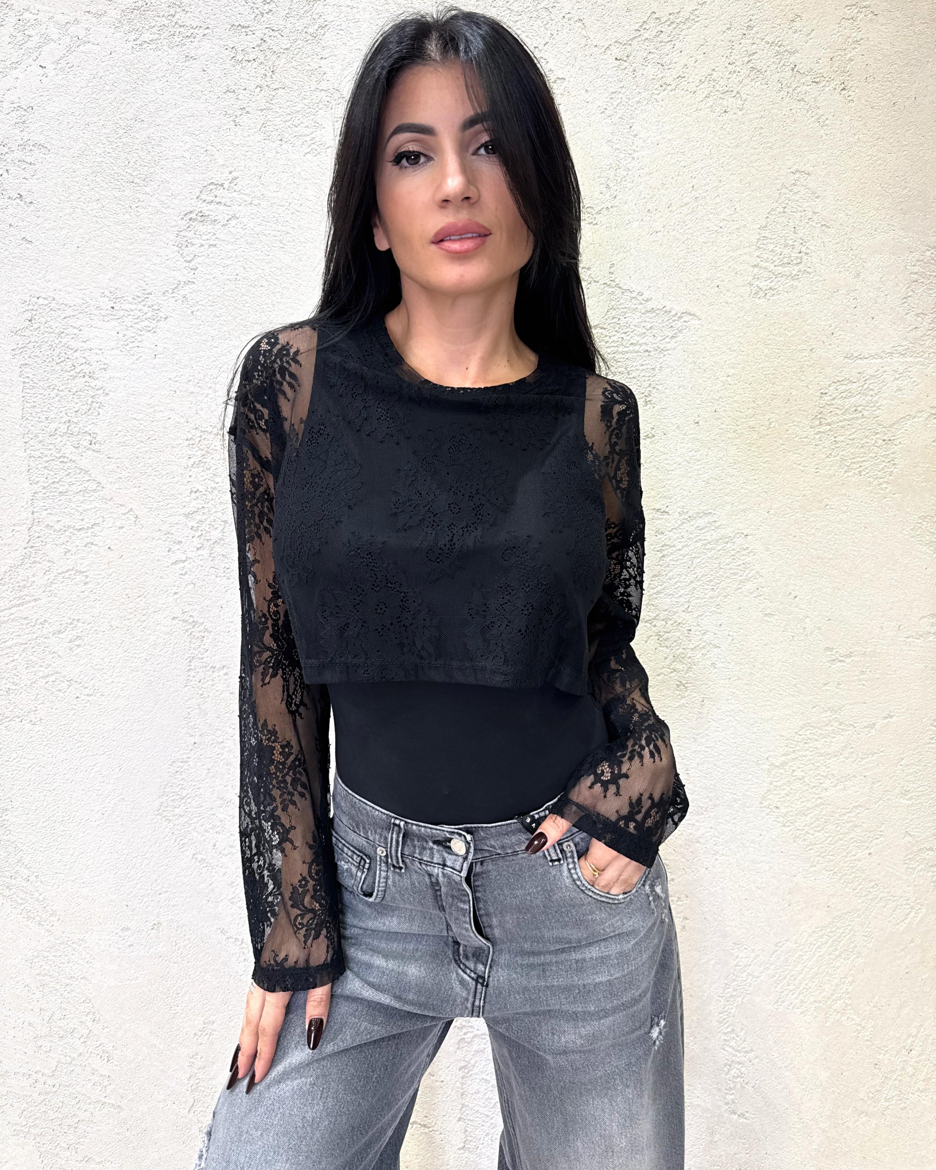 t-shirt in pizzo con body incorporato BMA-P015 NERO HAVEONE 