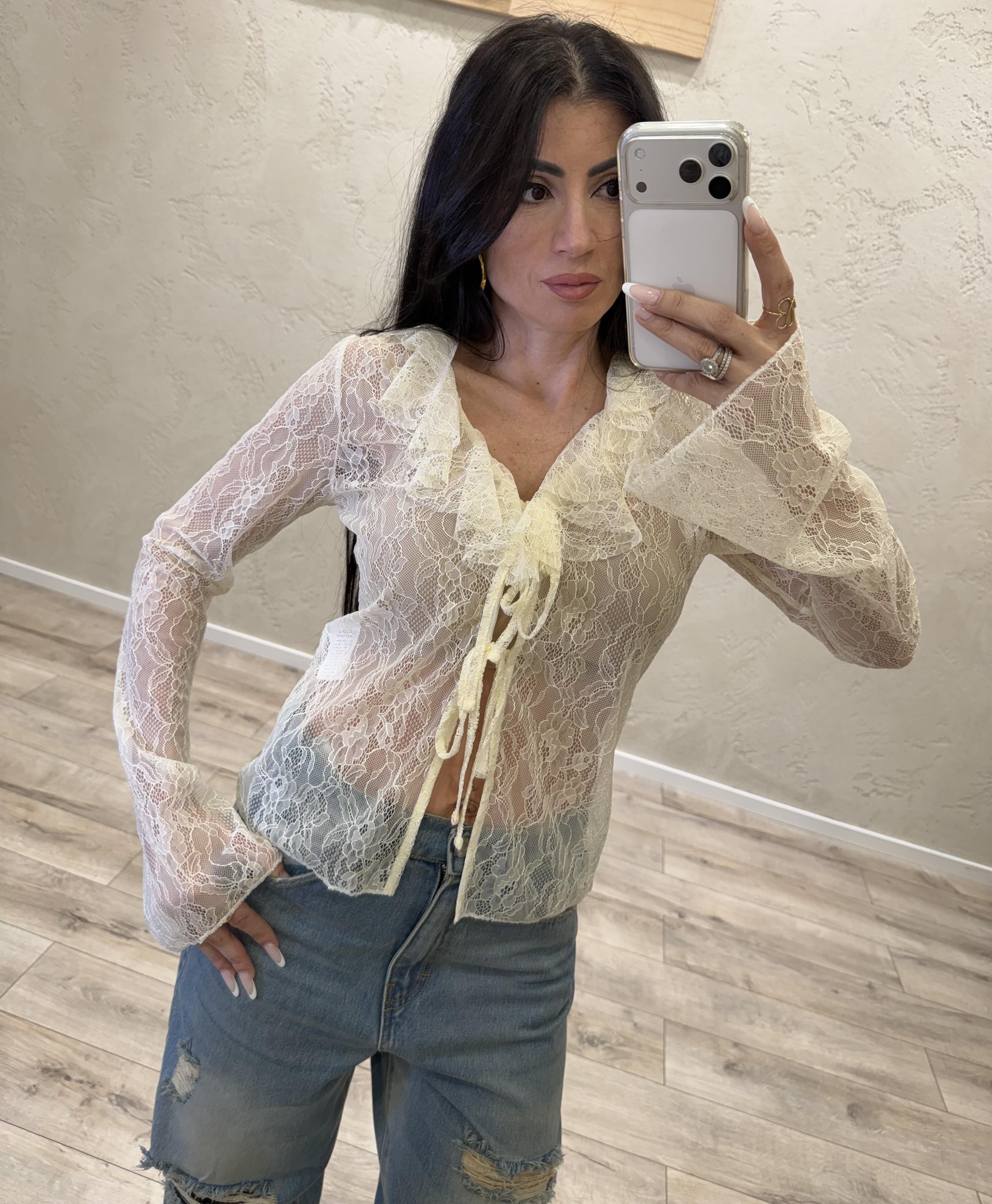 blusa in pizzo con lacci frontali TAB1521 BURRO VICOLO 