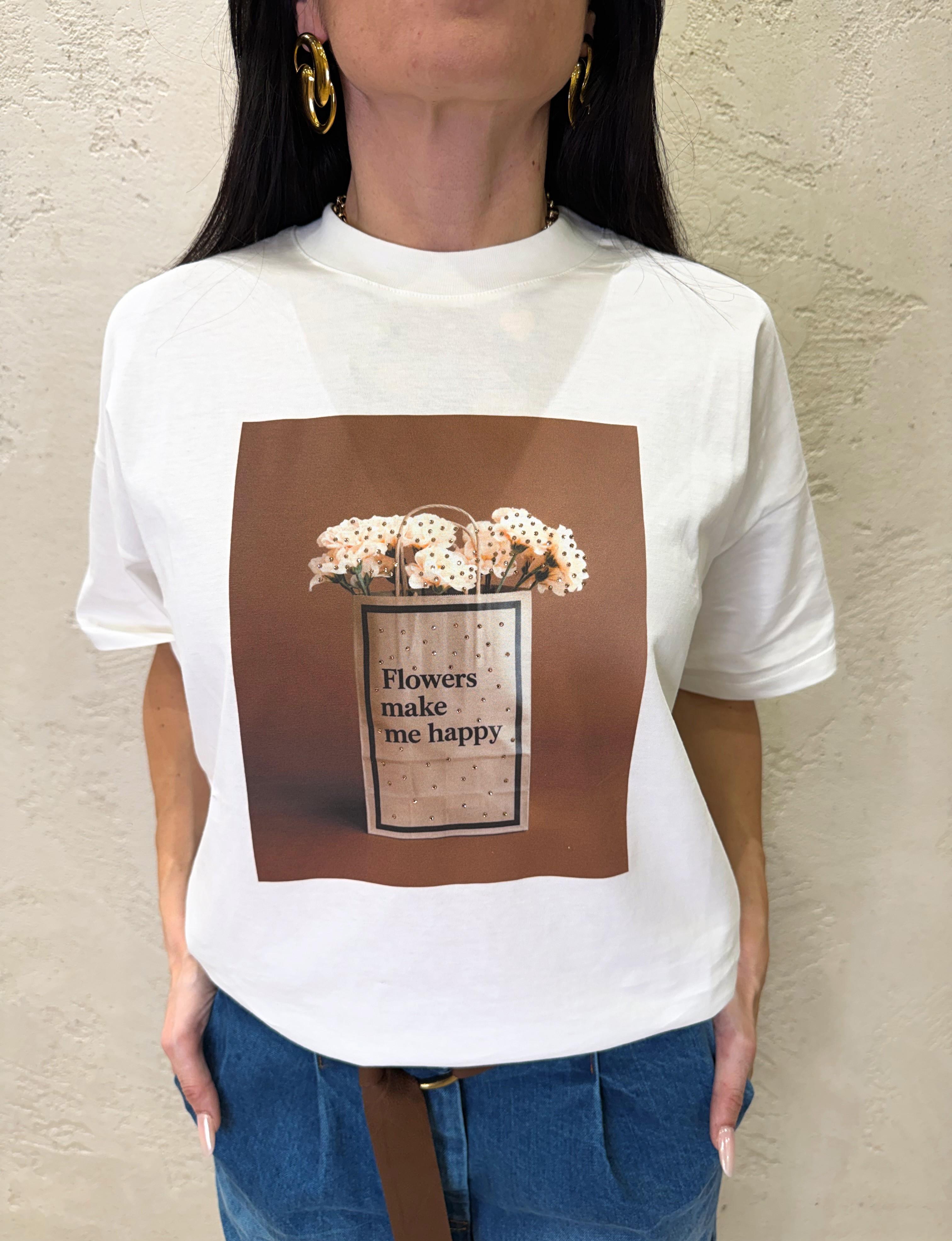 t-shirt over con stampa fiori e strass RAB0181 NATURALE VICOLO 