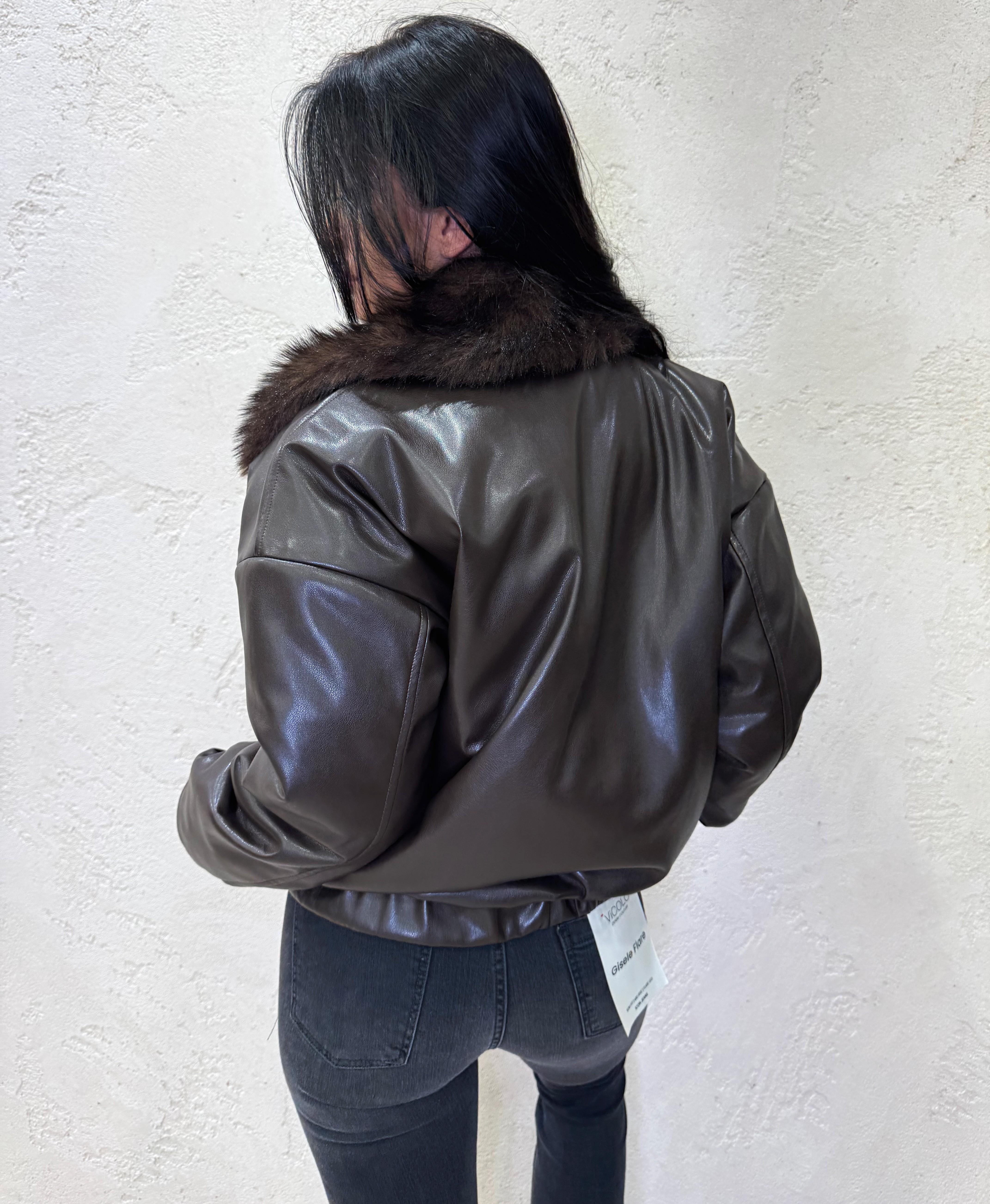 bomber imbottito in ecopelle con collo in pelliccia 514981 MORO SUSY MIX 