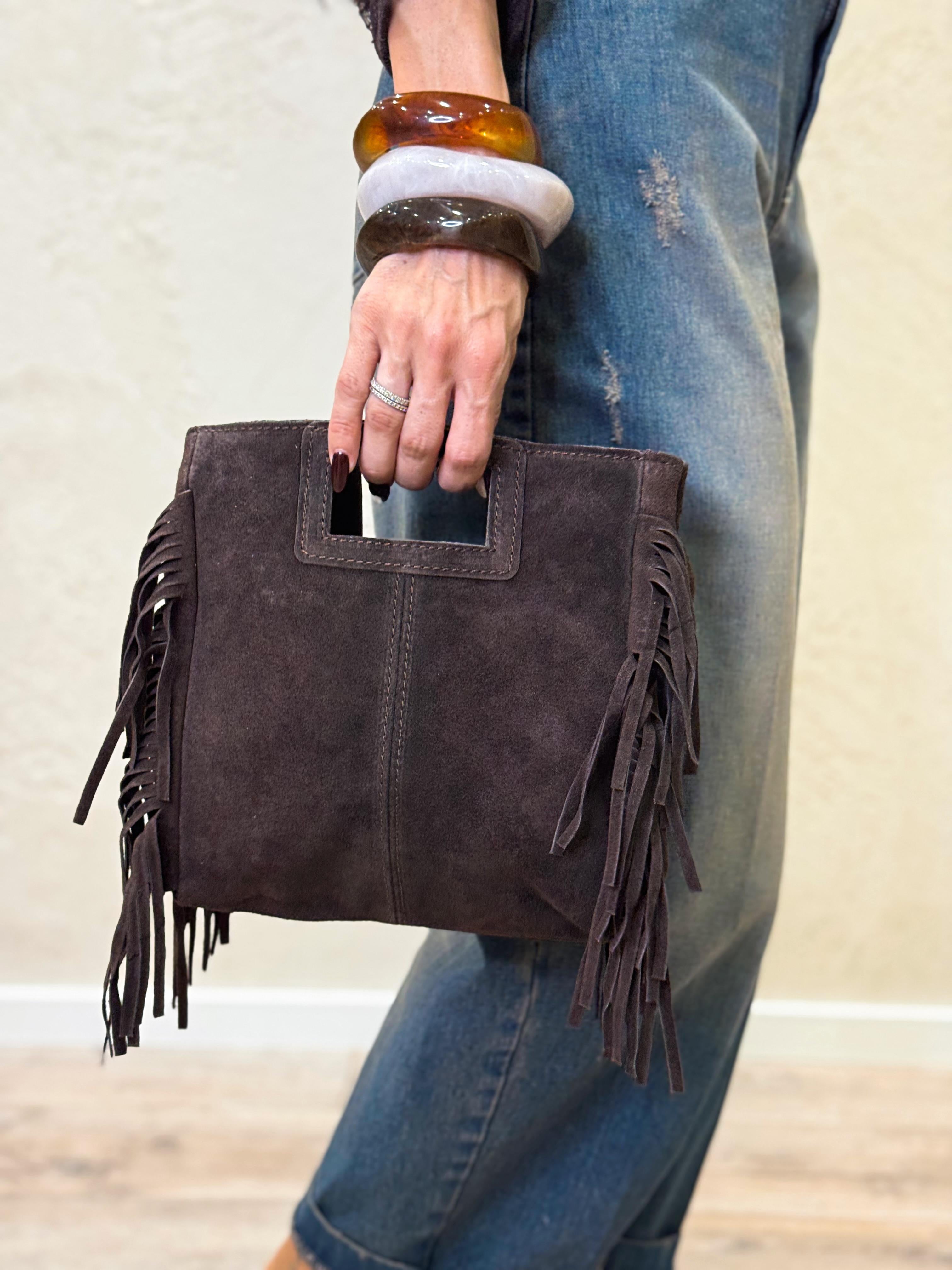 borsa a mano in vera pelle scamosciata con frange WCP-N090 MORO HAVEONE 