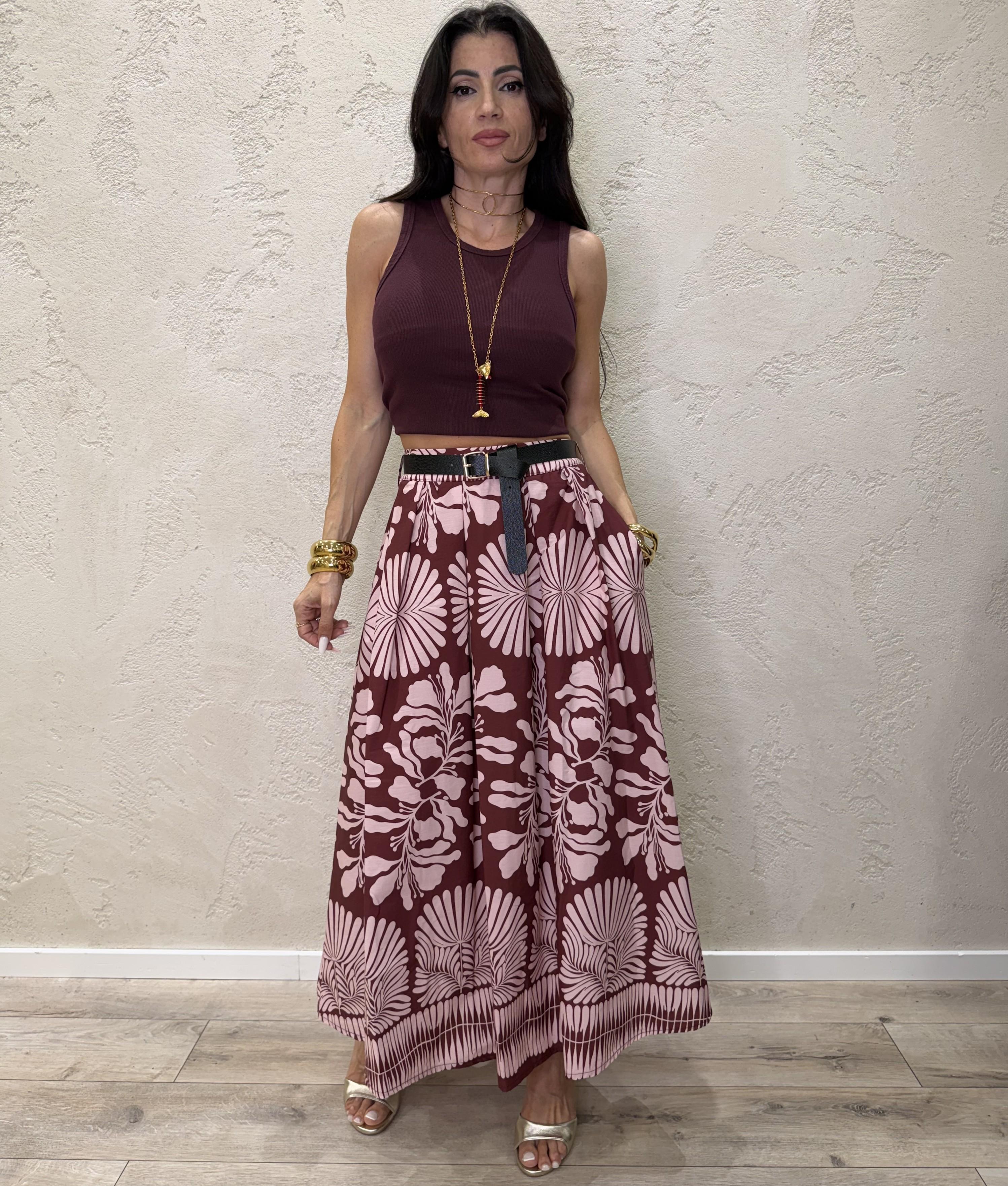gonna lunga in cotone stampa floreale e cintura A19122 INDIA/ROSA SUSY MIX 
