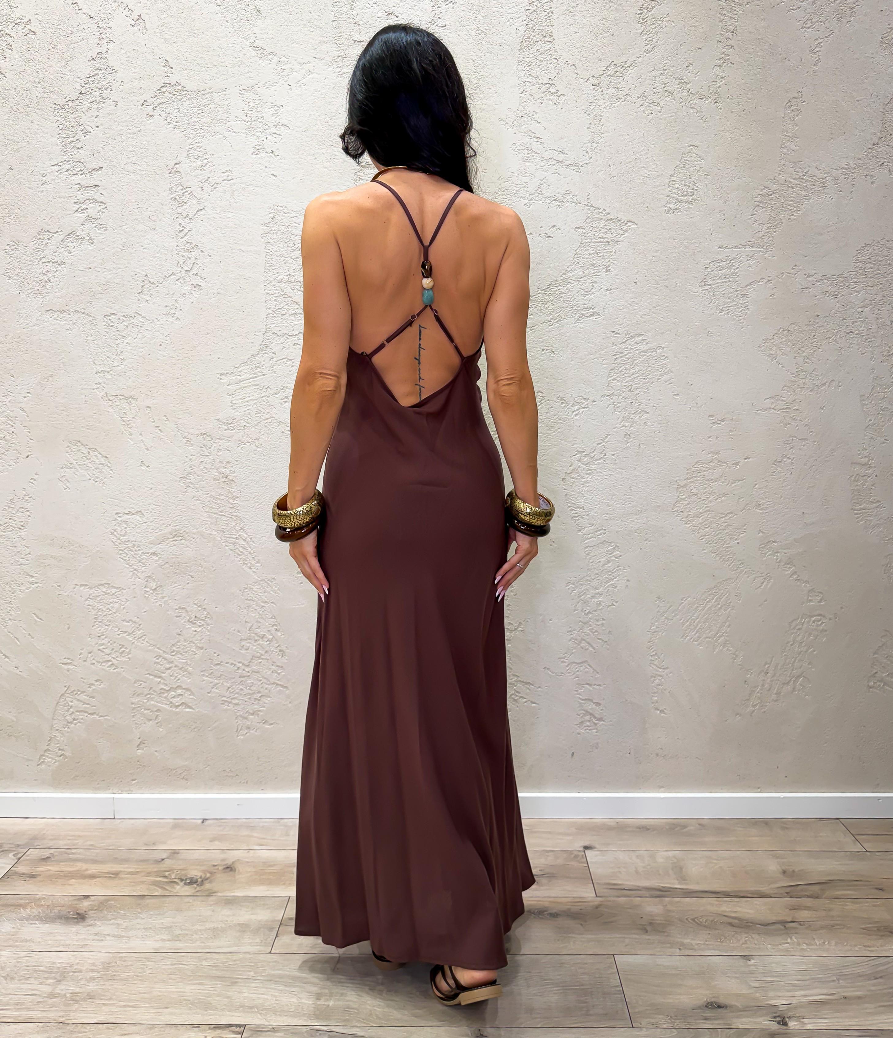 abito lungo in viscosa con accessorio V12610B672 MORO SUSY MIX 