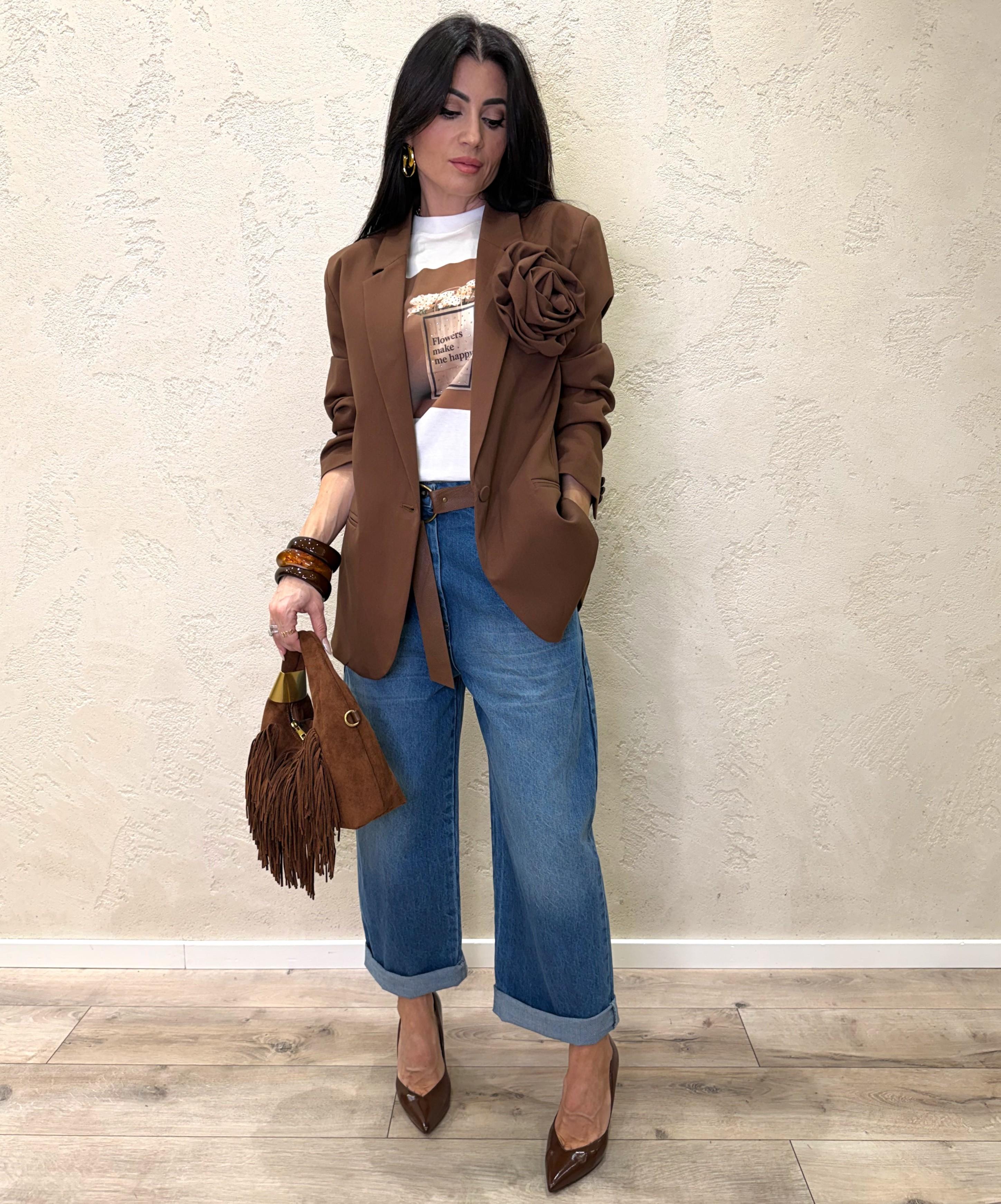 t-shirt over con stampa fiori e strass RAB0181 NATURALE VICOLO 