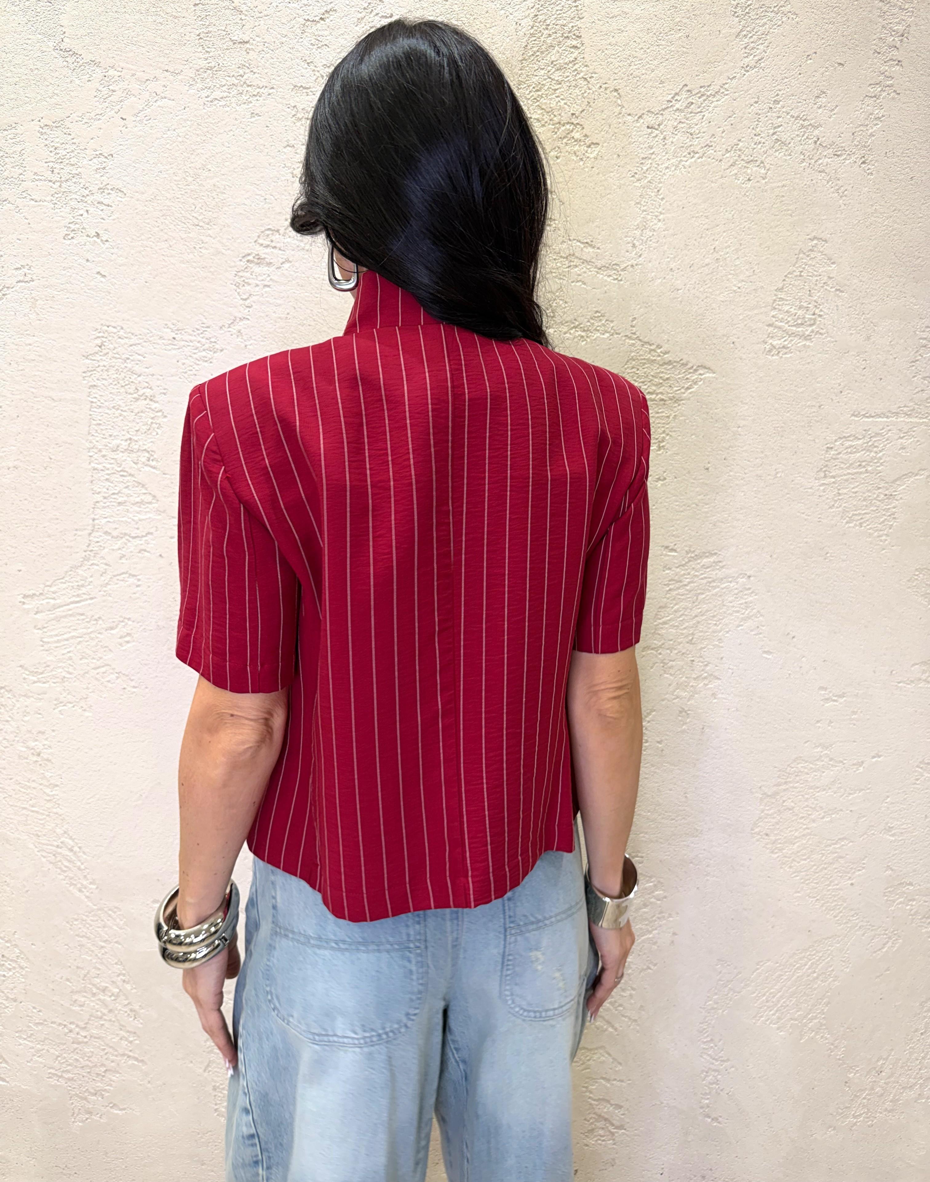 giacca manica corta gessata con collo alla coreana e chiusura asimmetrica JMN-Q115 ROSSO HAVEONE 