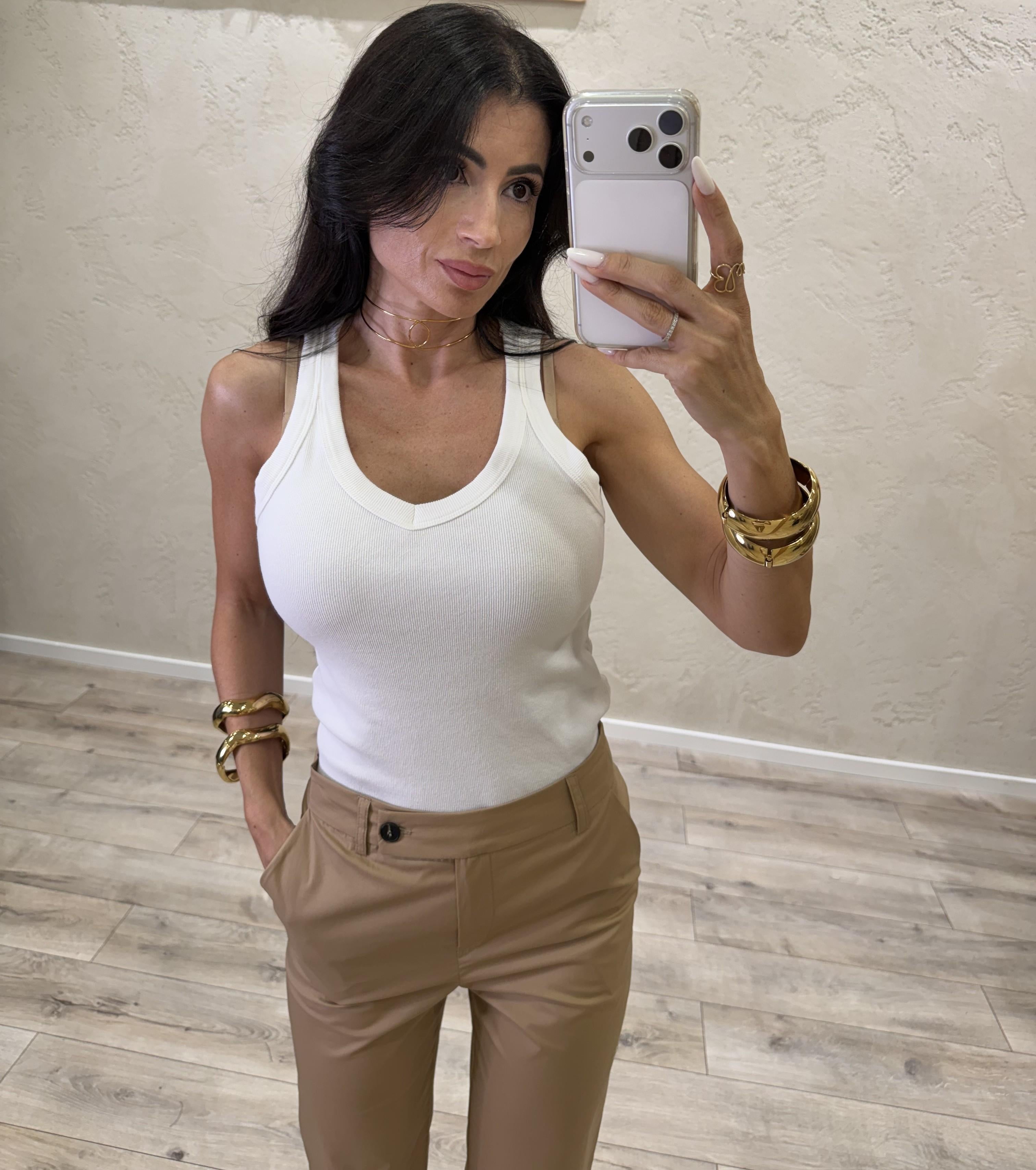 canotta in cotone elasticizzato a costine scollo a v 27271 BIANCO SUSY MIX 