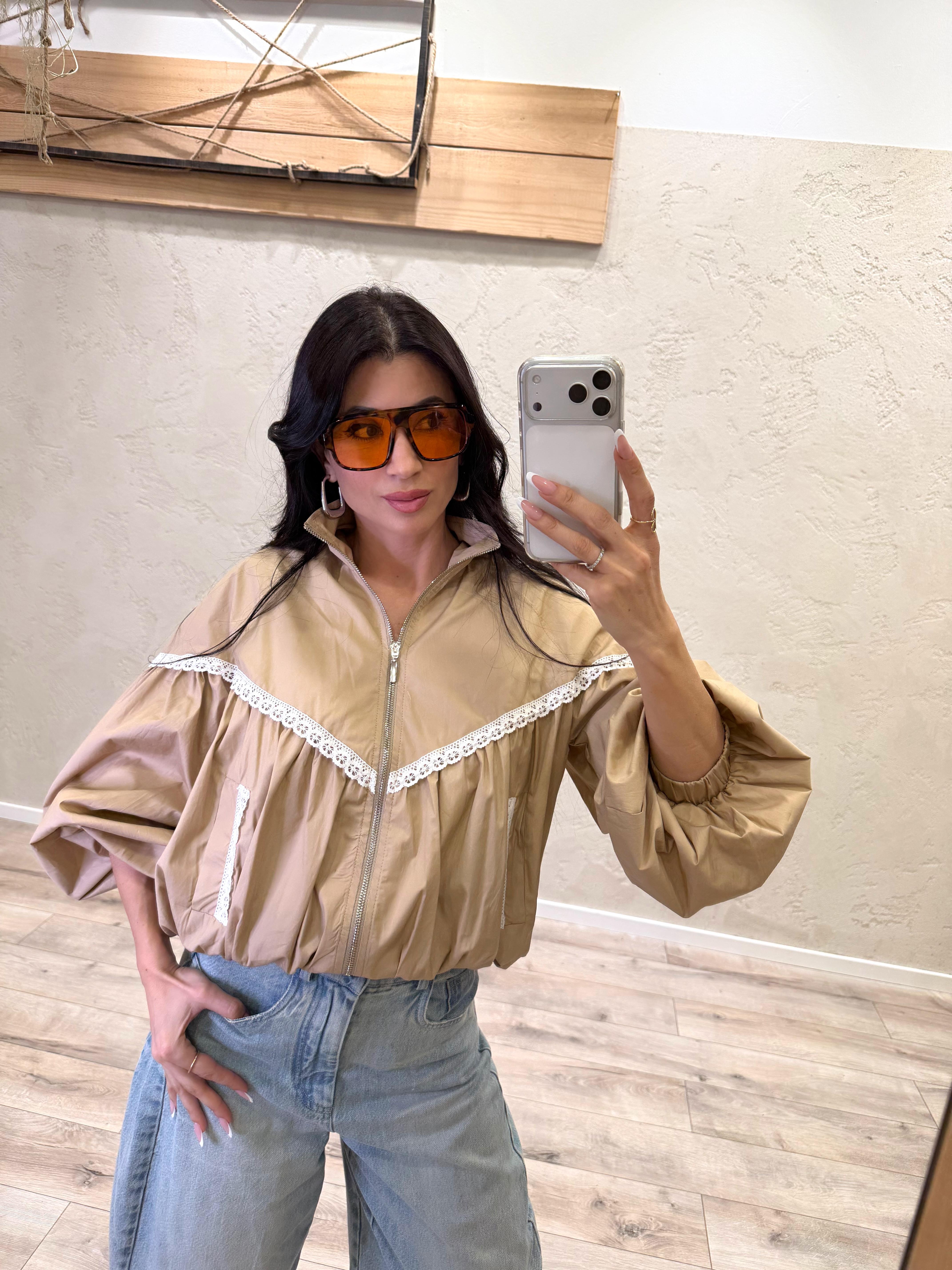 bomber 100% cotone con inserto macramè 26B4741 BEIGE TENSIONE IN 