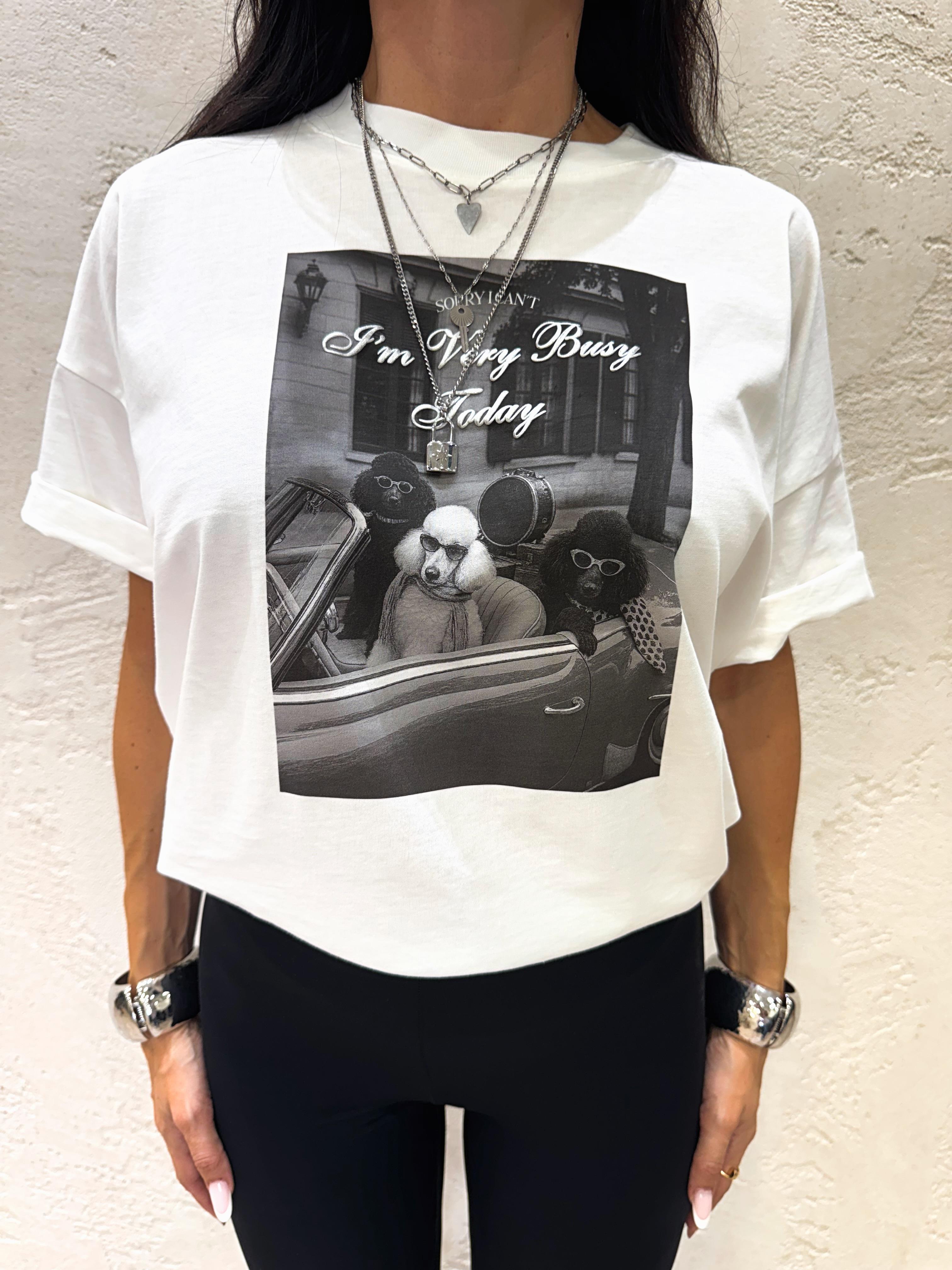 t-shirt over con stampa barboncini RF0216 BIANCO VICOLO 