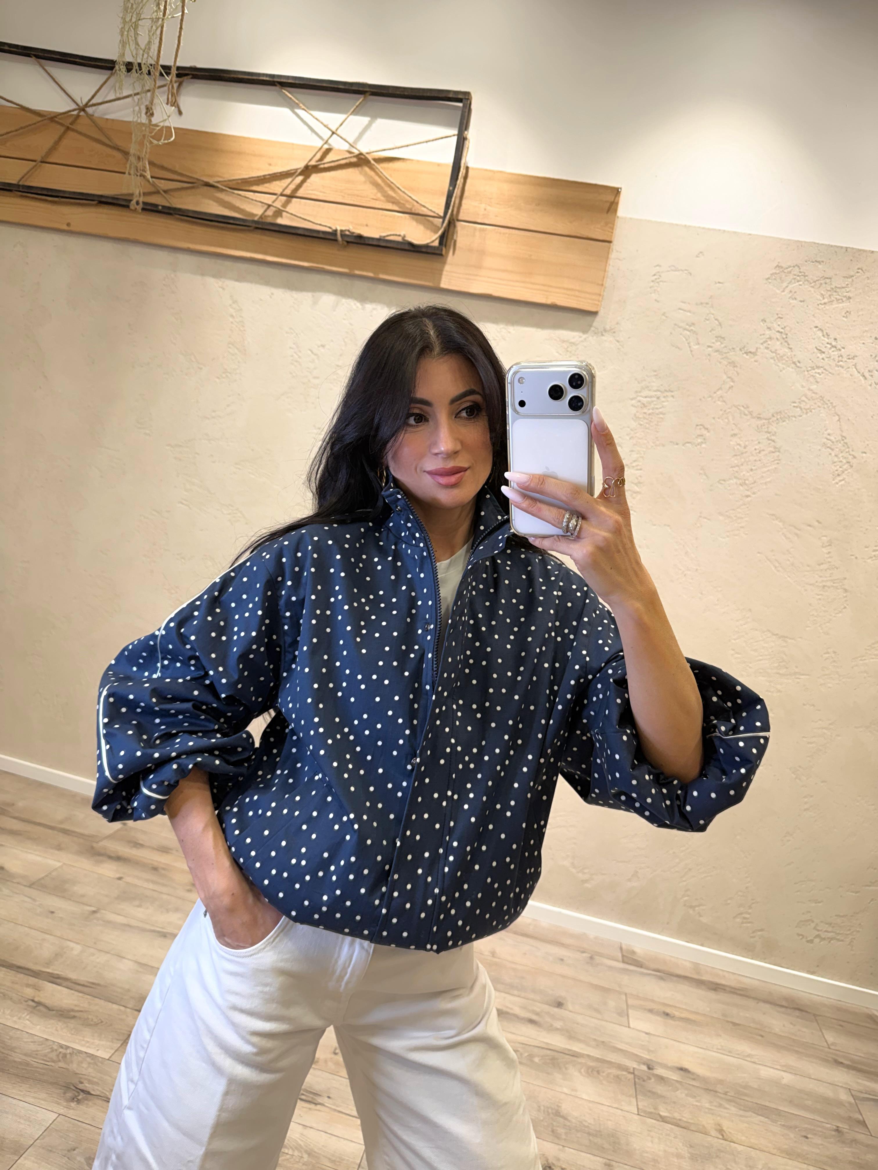 bomber in cotone elasticizzato a pois 38874 BLU/BIANCO TENSIONE IN 