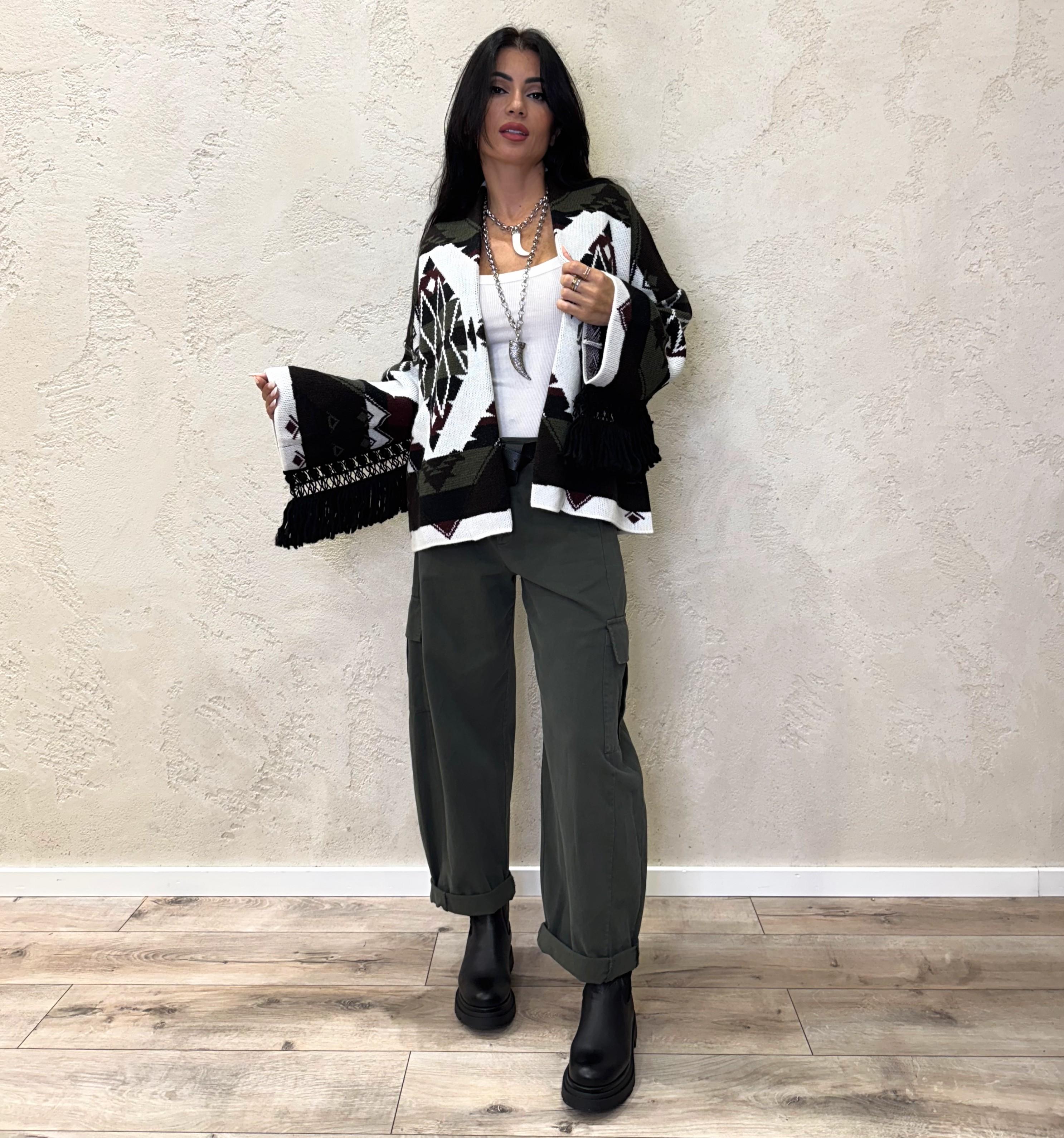 cardigan aperto in fantasia con frange 77191F MORO/MILITARE/PRUGNA VICOLO 