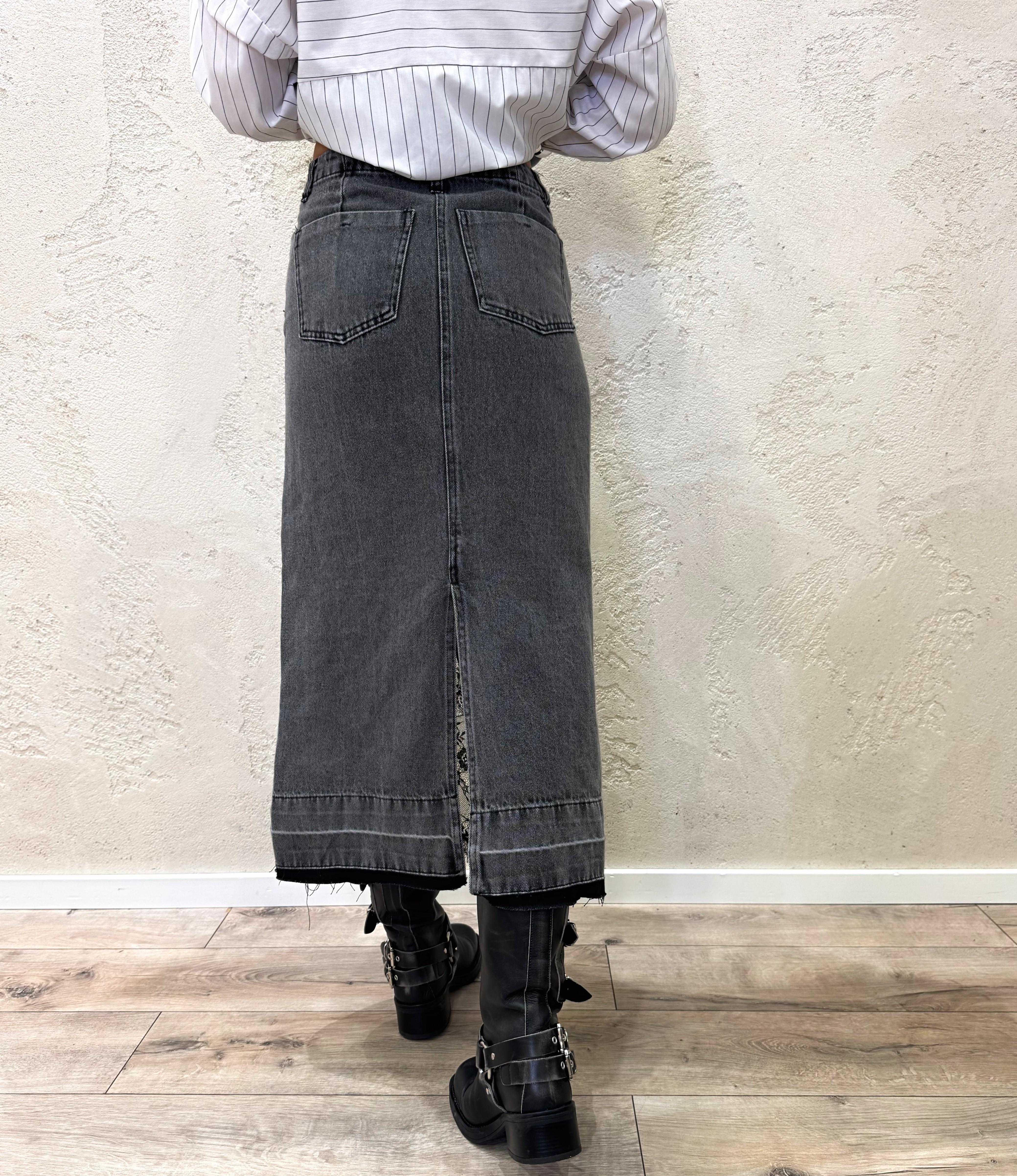 gonna midi in jeans con inserti in pizzo W25G618 ANTRACITE TENSIONE IN 