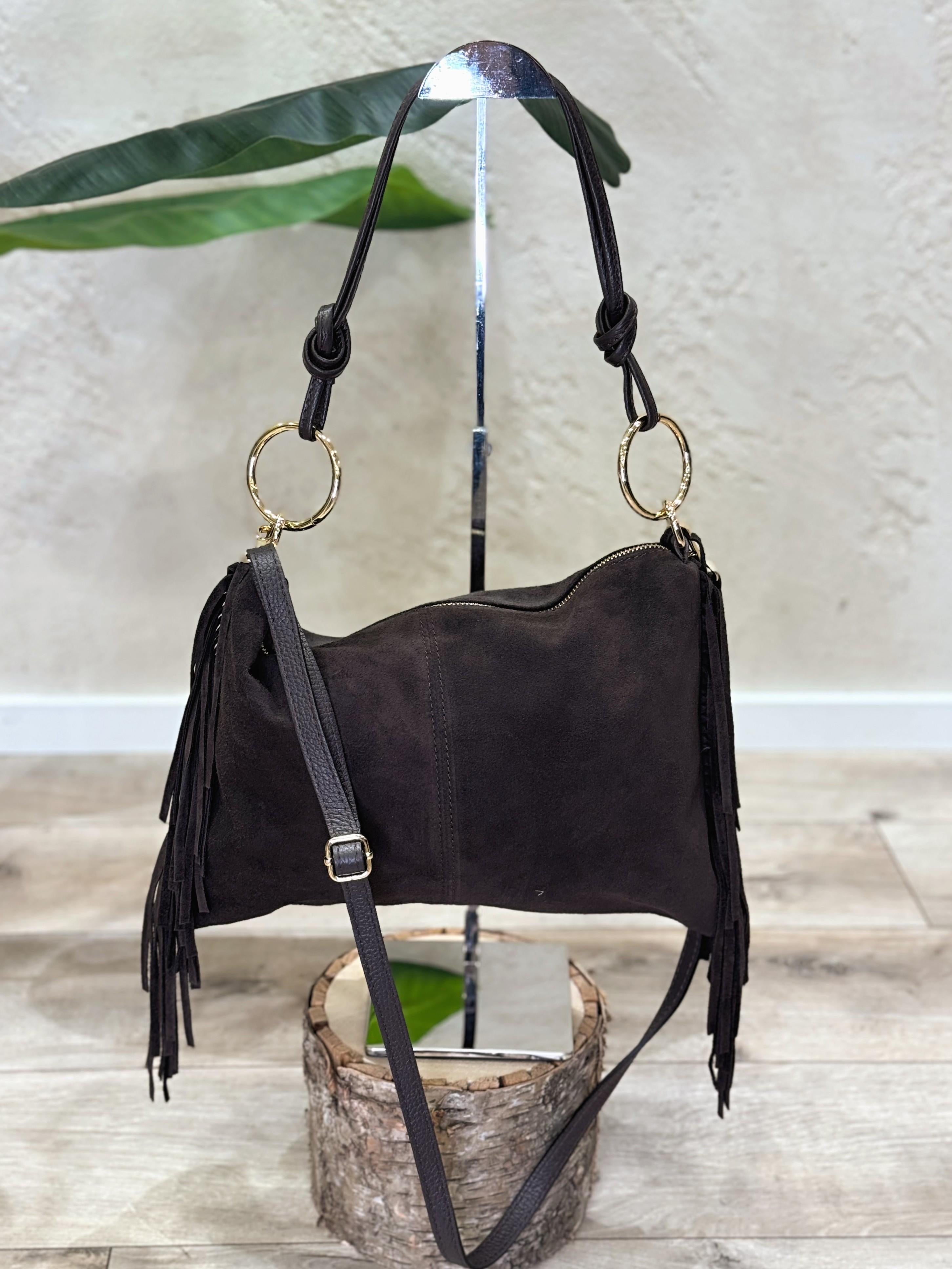 borsa in vera pelle scamosciata con frange BORSCAFRA MORO ELEVI 