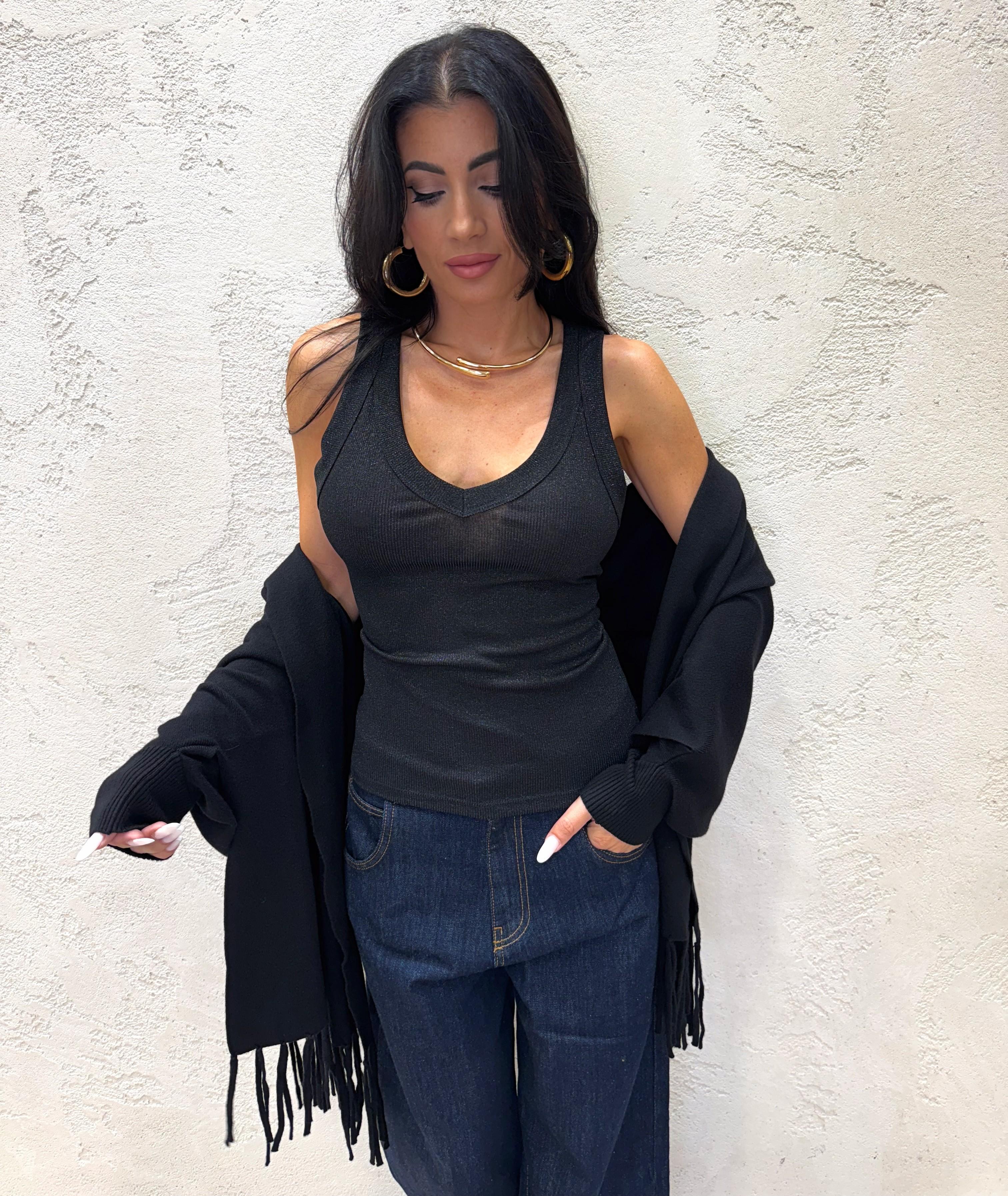 canotta in lurex con scollo a v UF0060 NERO VICOLO 