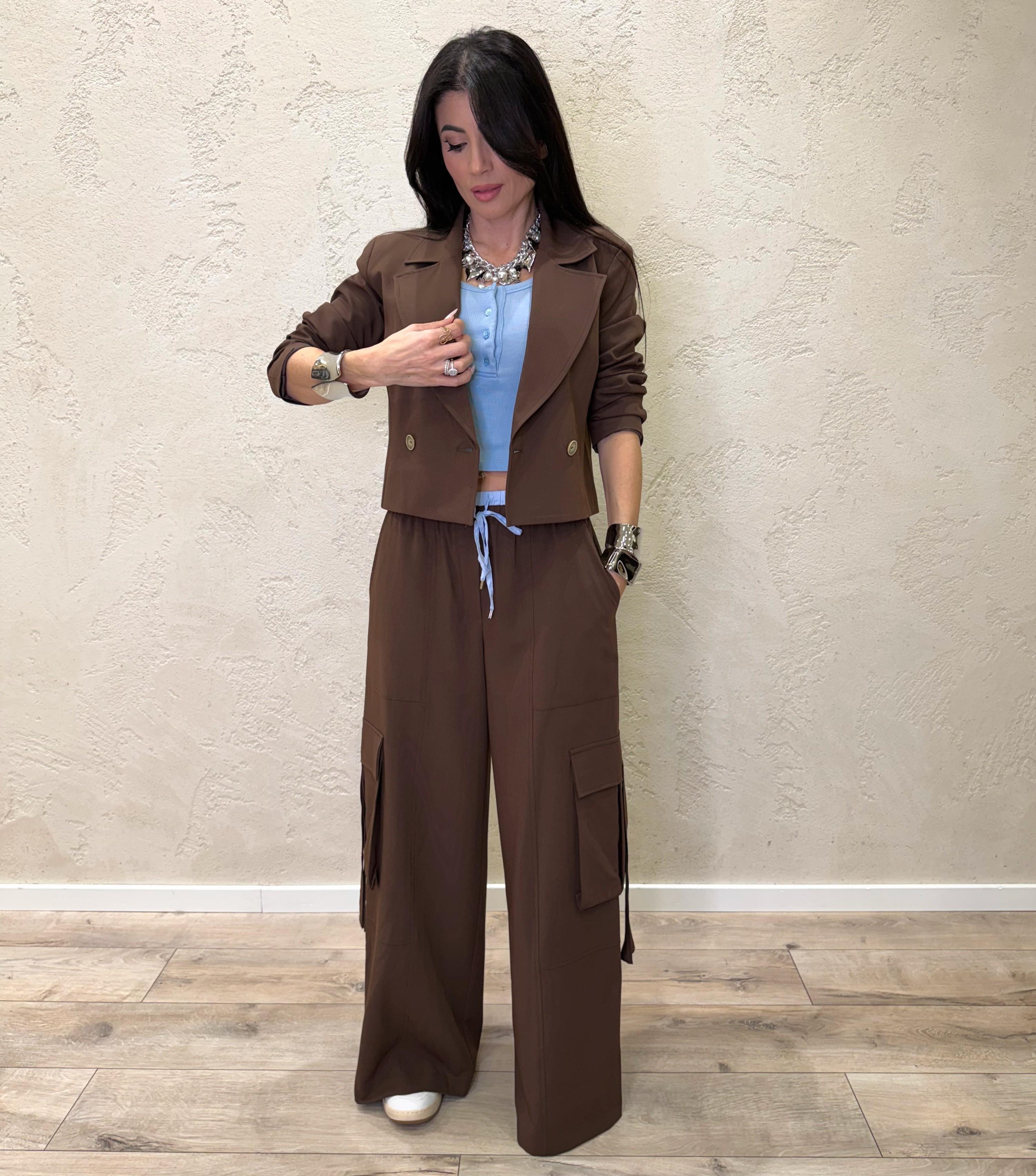 pantaloni cargo a palazzo con vita elasticizzata finto boxer 26P3727 MORO TENSIONE IN 