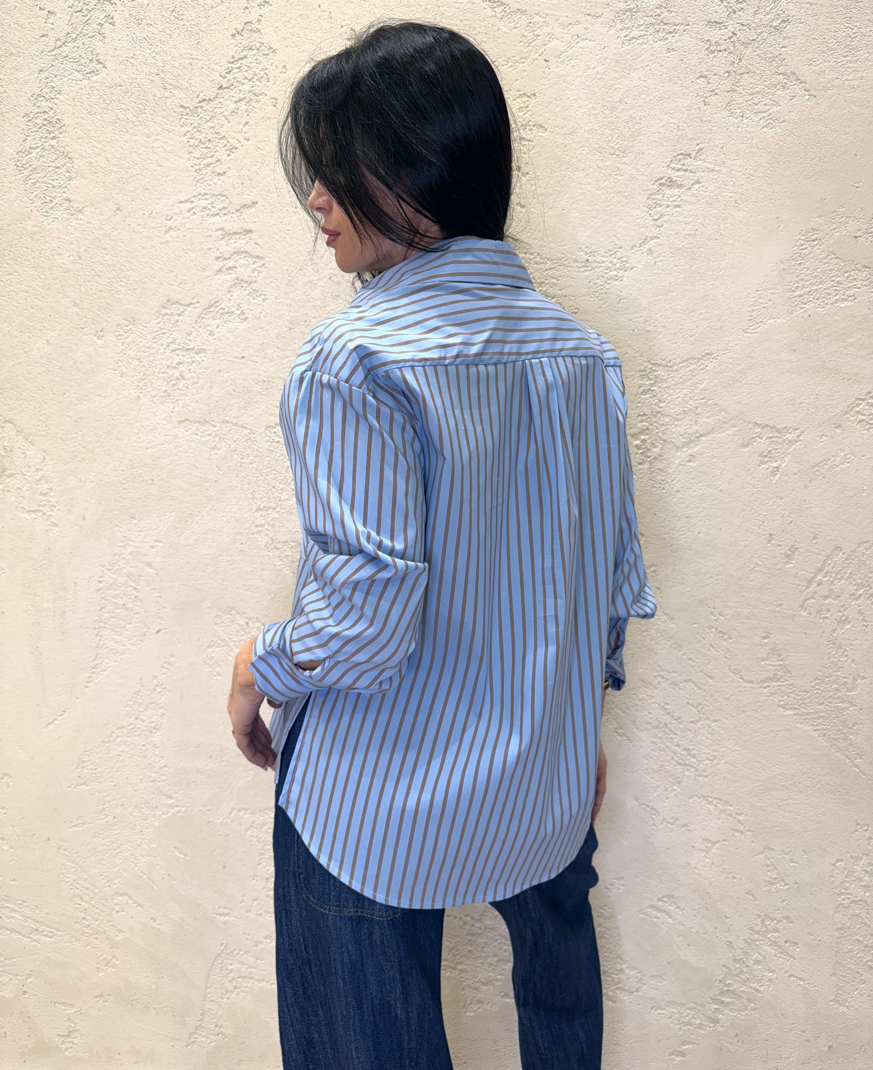 camicia morbida a righe in cotone CGE-Q040 CELESTE/TABACCO HAVEONE 