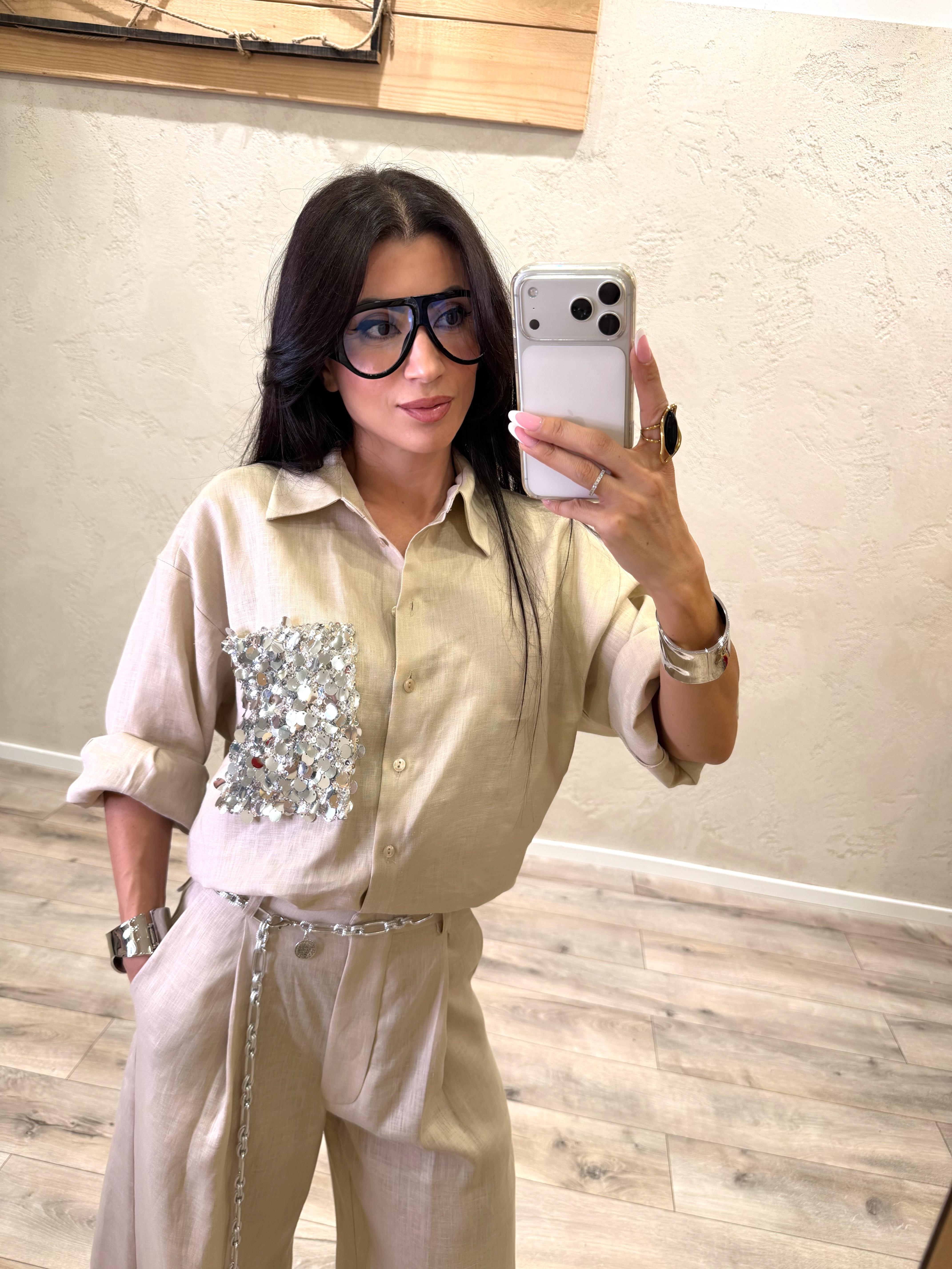 camicia in 100% lino con tasca paillettes S26CE15 BEIGE TENSIONE IN 