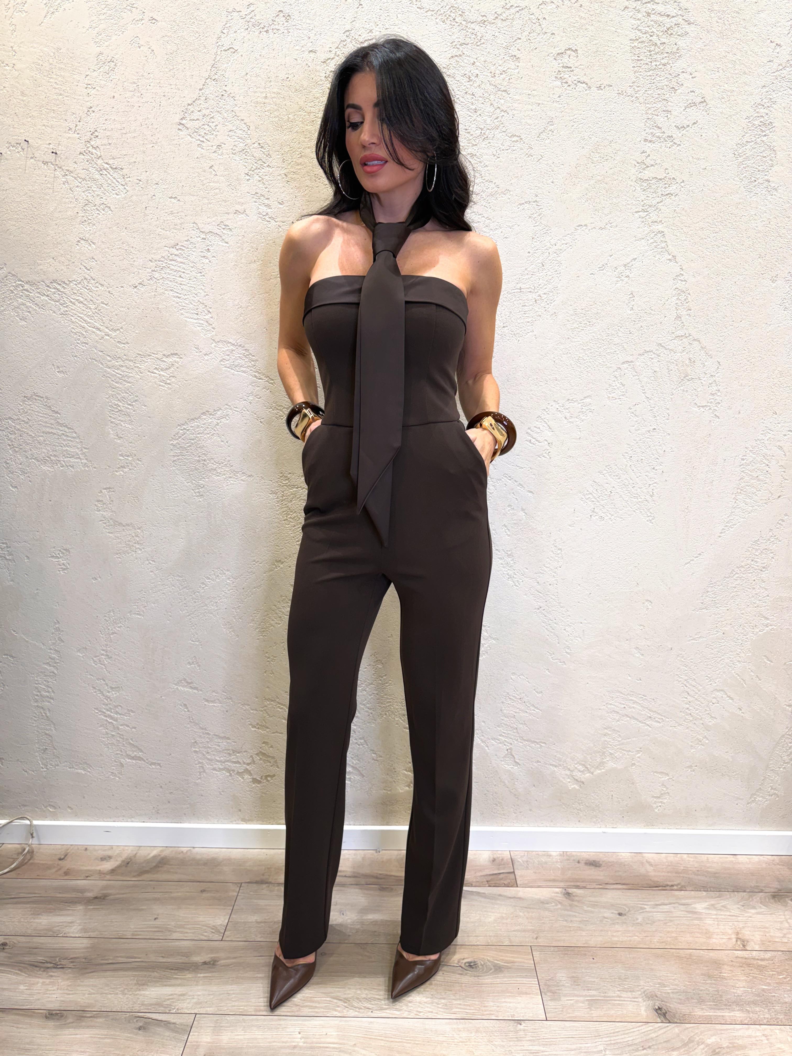 tuta a fascia in crepe elasticizzato con cravatta e gamba dritta Y563KAW MORO IMPERIAL 