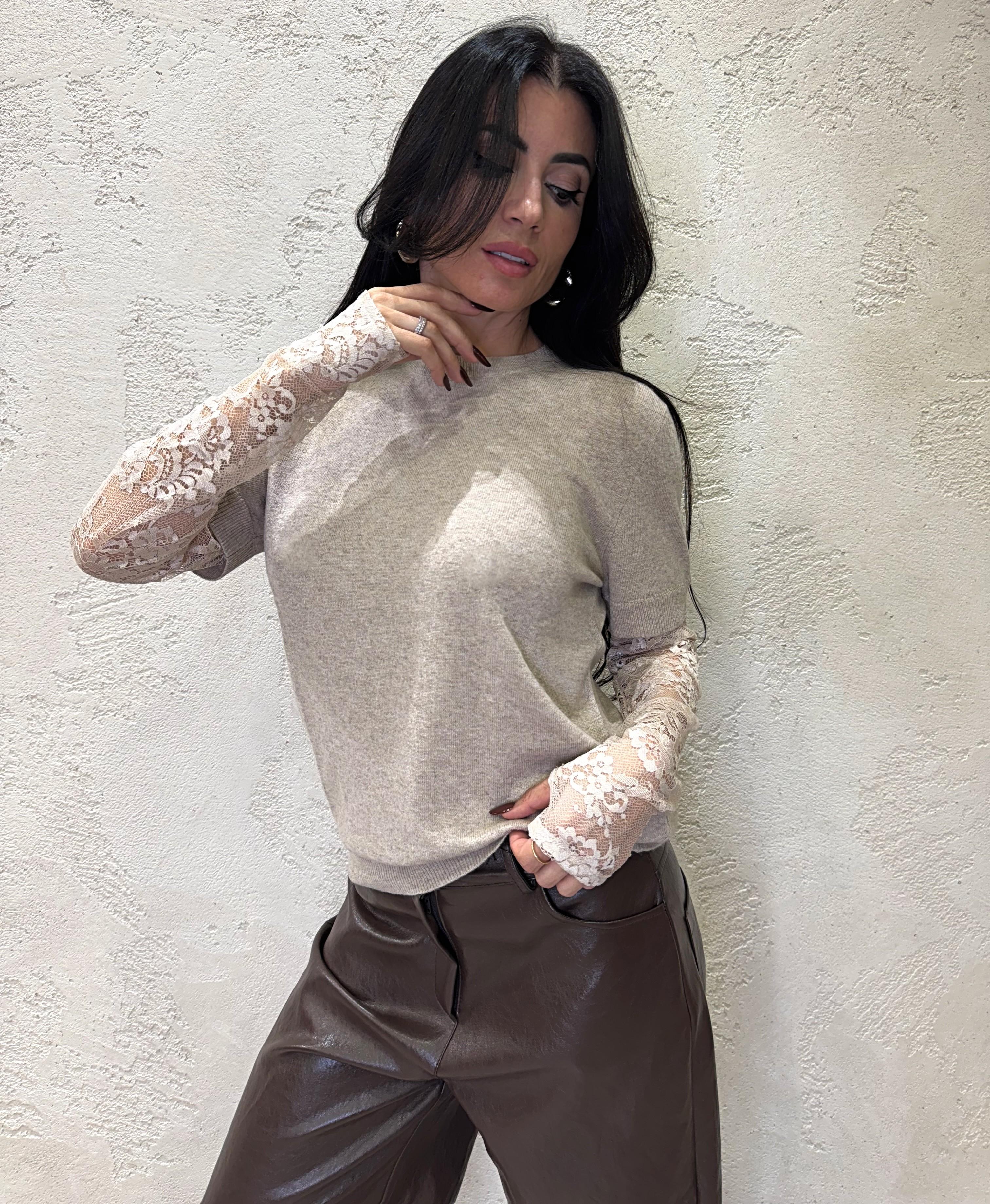 pull misto chashmere con manicotti in pizzo 22199F KASHA VICOLO 