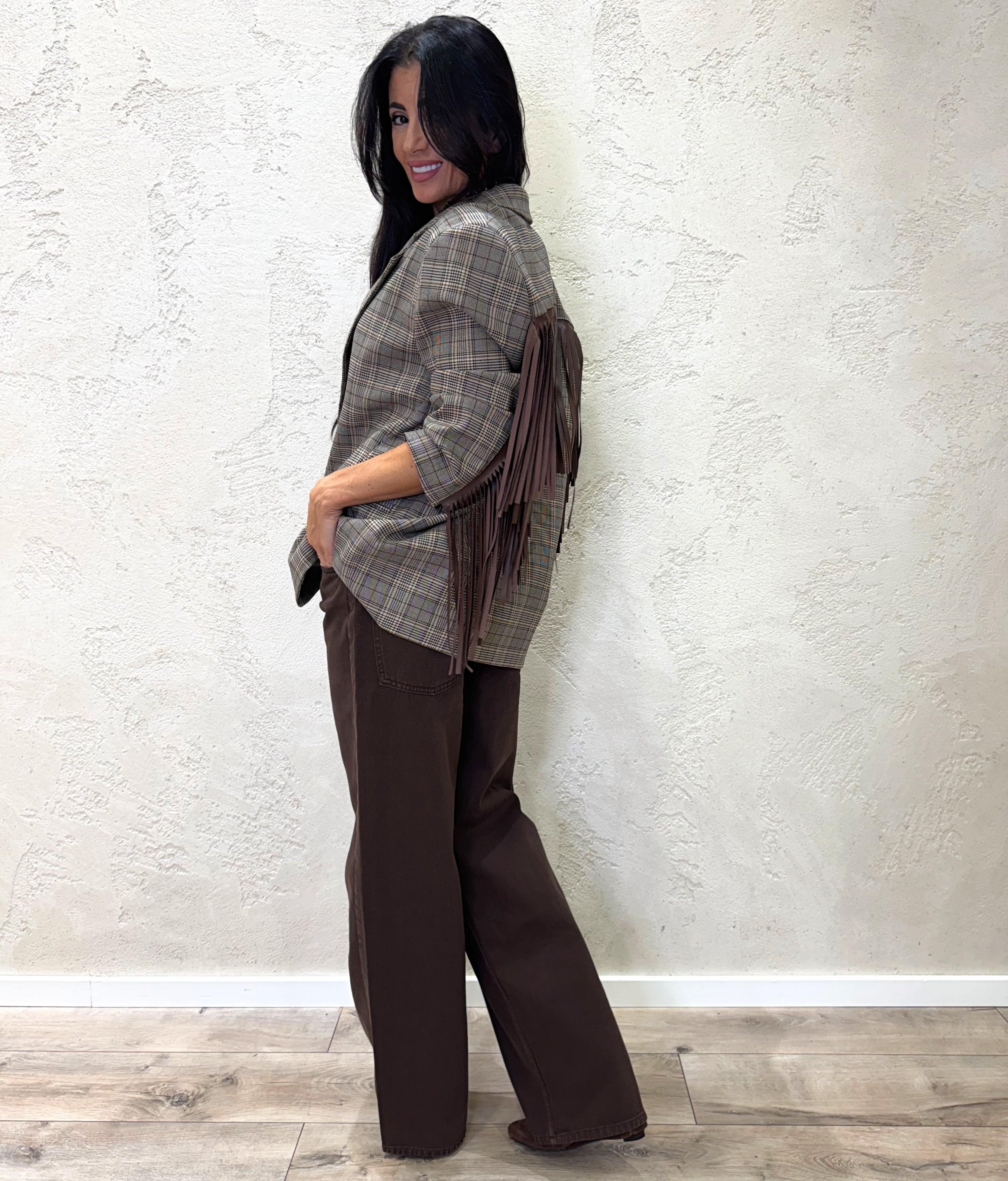 blazer over in check con frange TF0740 MARRONE VICOLO 