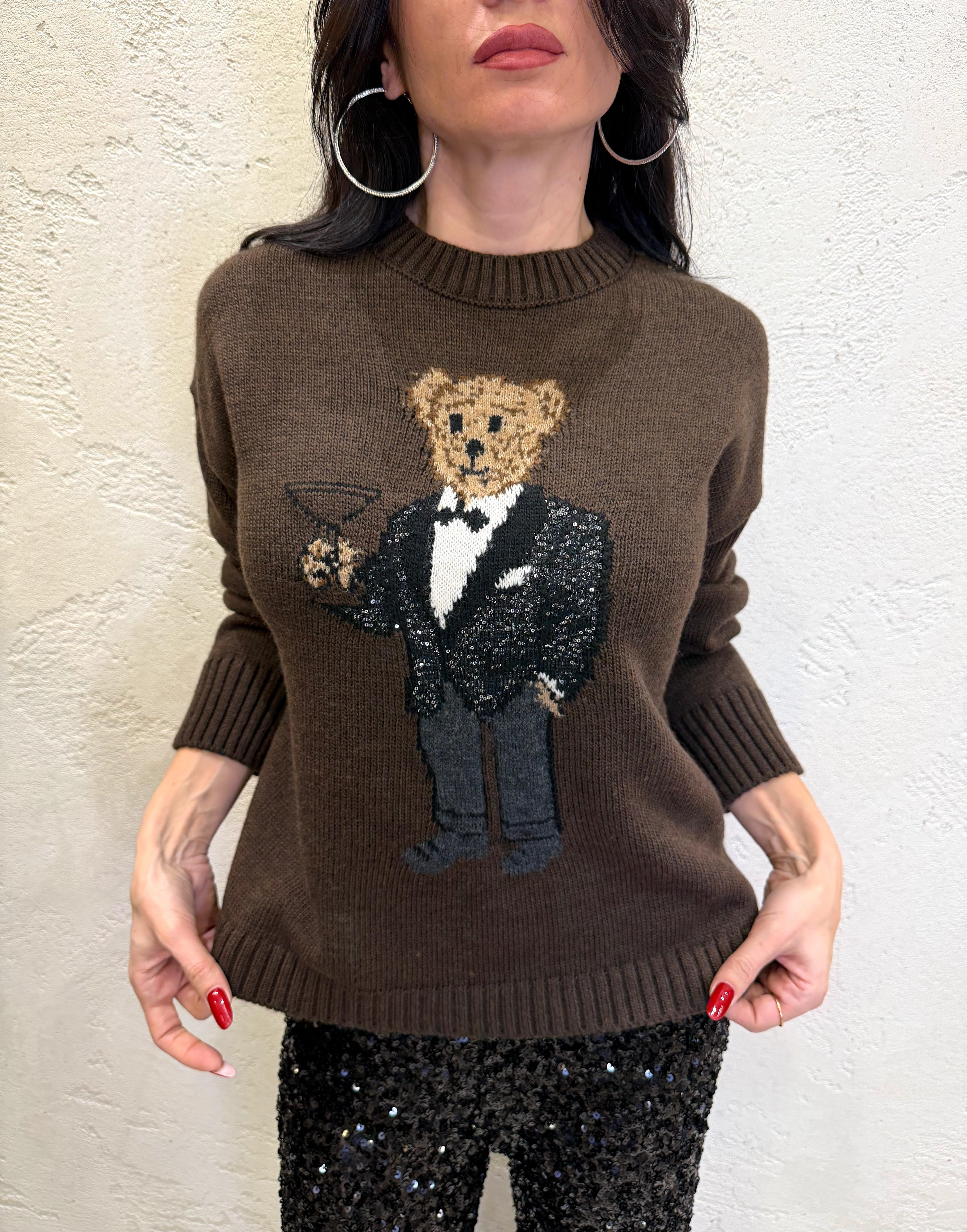 maglioncino con ricamo orso in smoking W5HMJ59A4000R MORO TENSIONE IN 