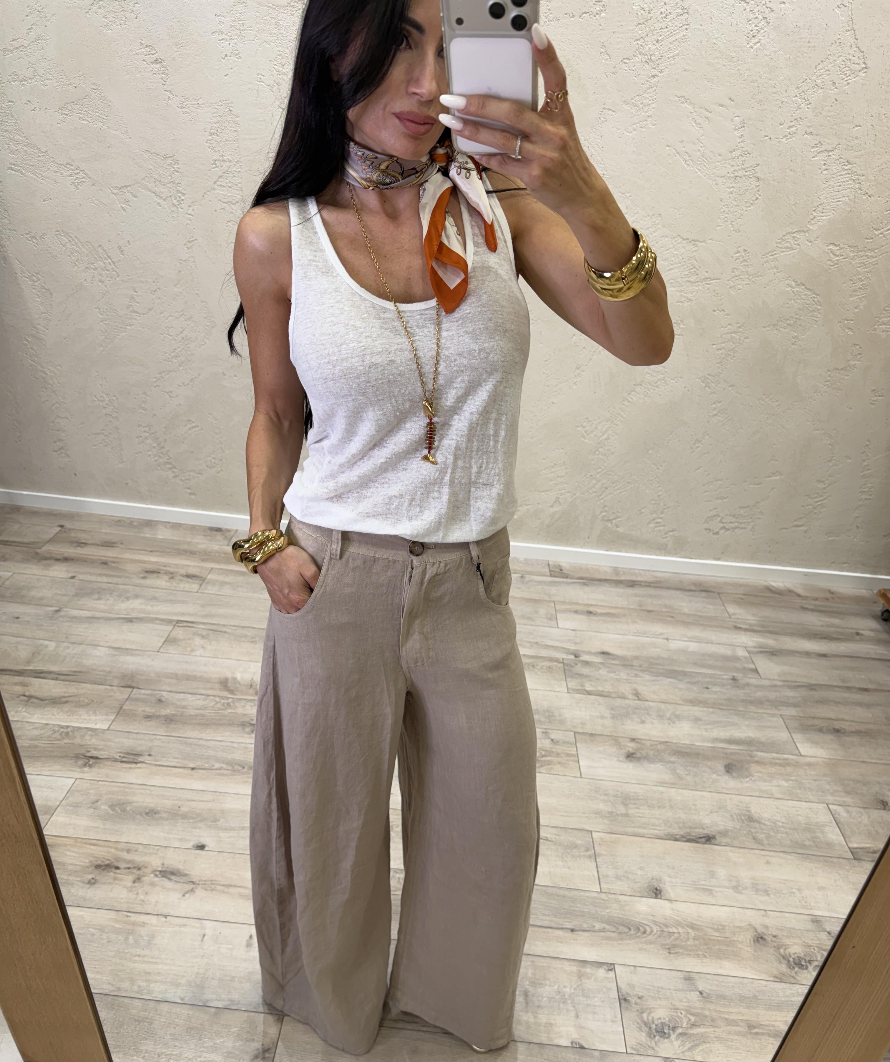 pantalone in puro lino modello luvre barrel fit S26PE64 SABBIA TENSIONE IN 