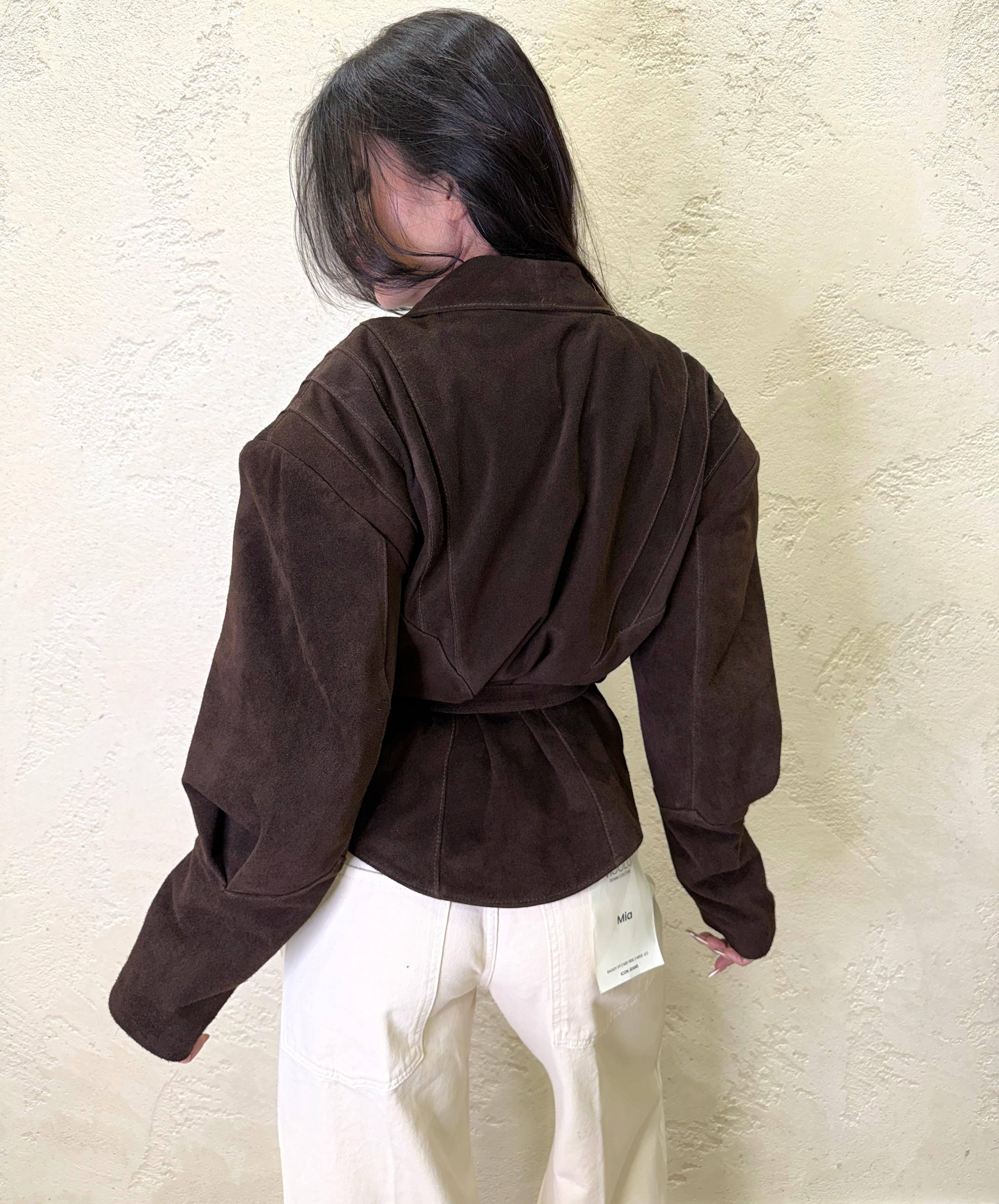 giubbino in vera pelle scamosciata spalle strutturate e cintura TAB0173 MORO VICOLO 