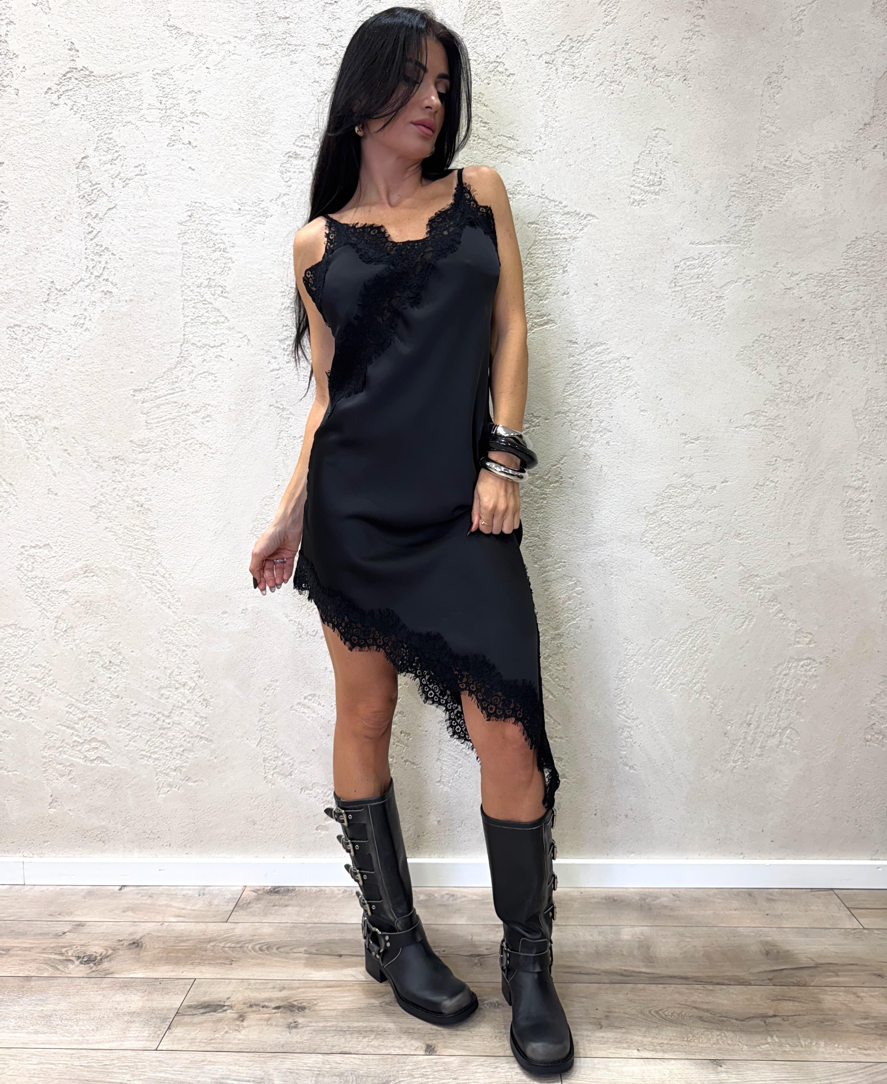 abito asimmetrico con inserti in pizzo AVS-P037 NERO HAVEONE 