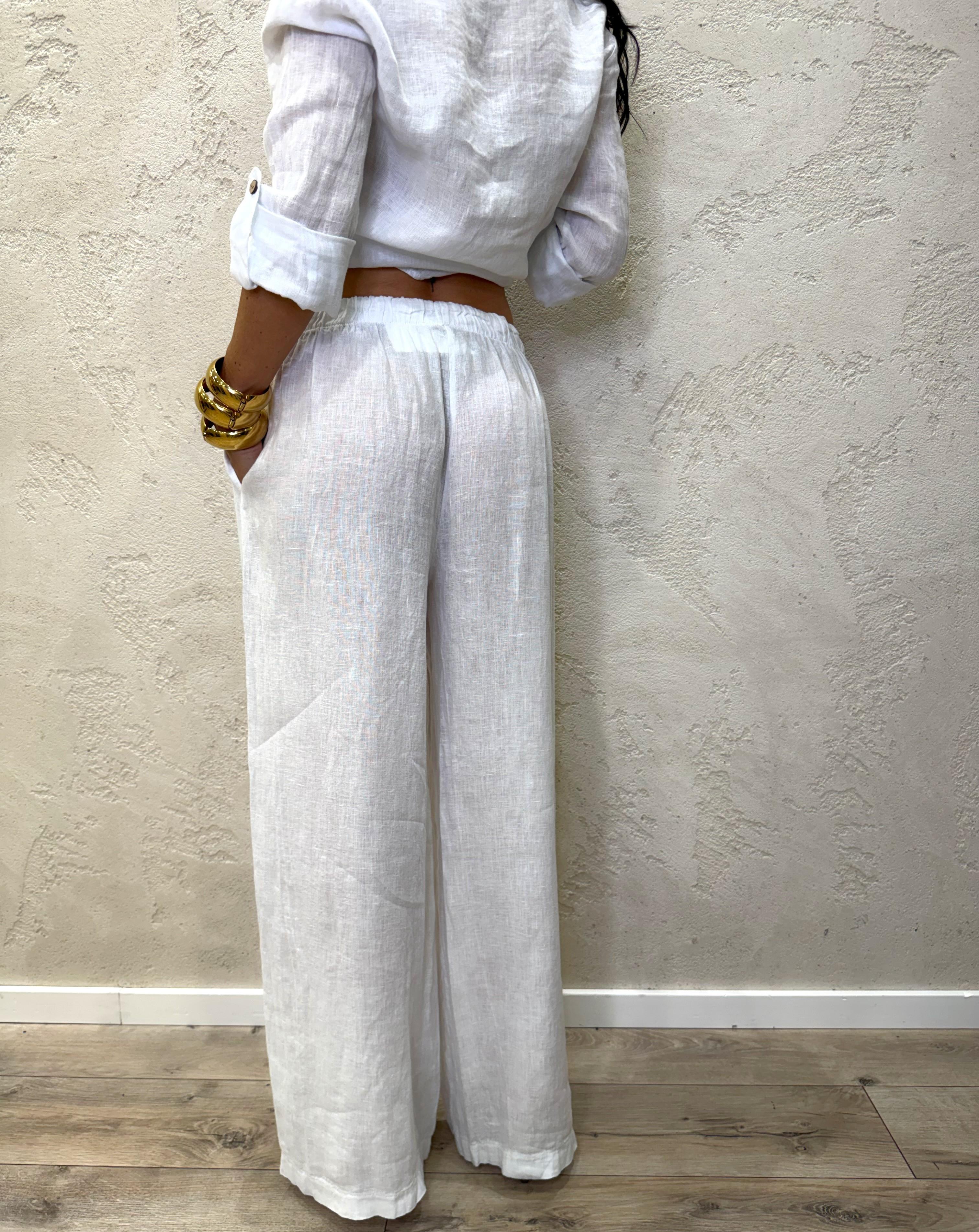 pantalone "ARIA" a palazzo in 100% lino H5944 BIANCO ELEVI 