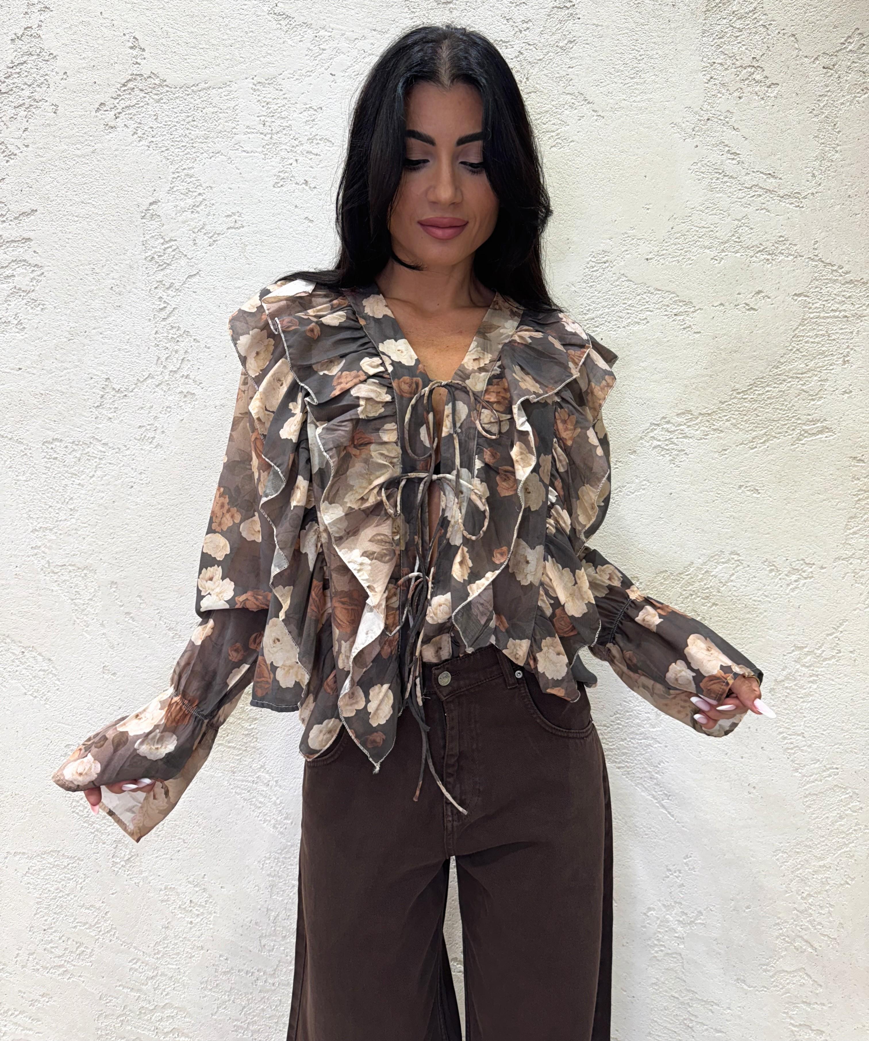 blusa floreale con rouches e laccetti CAMIFIO MORO ELEVI 
